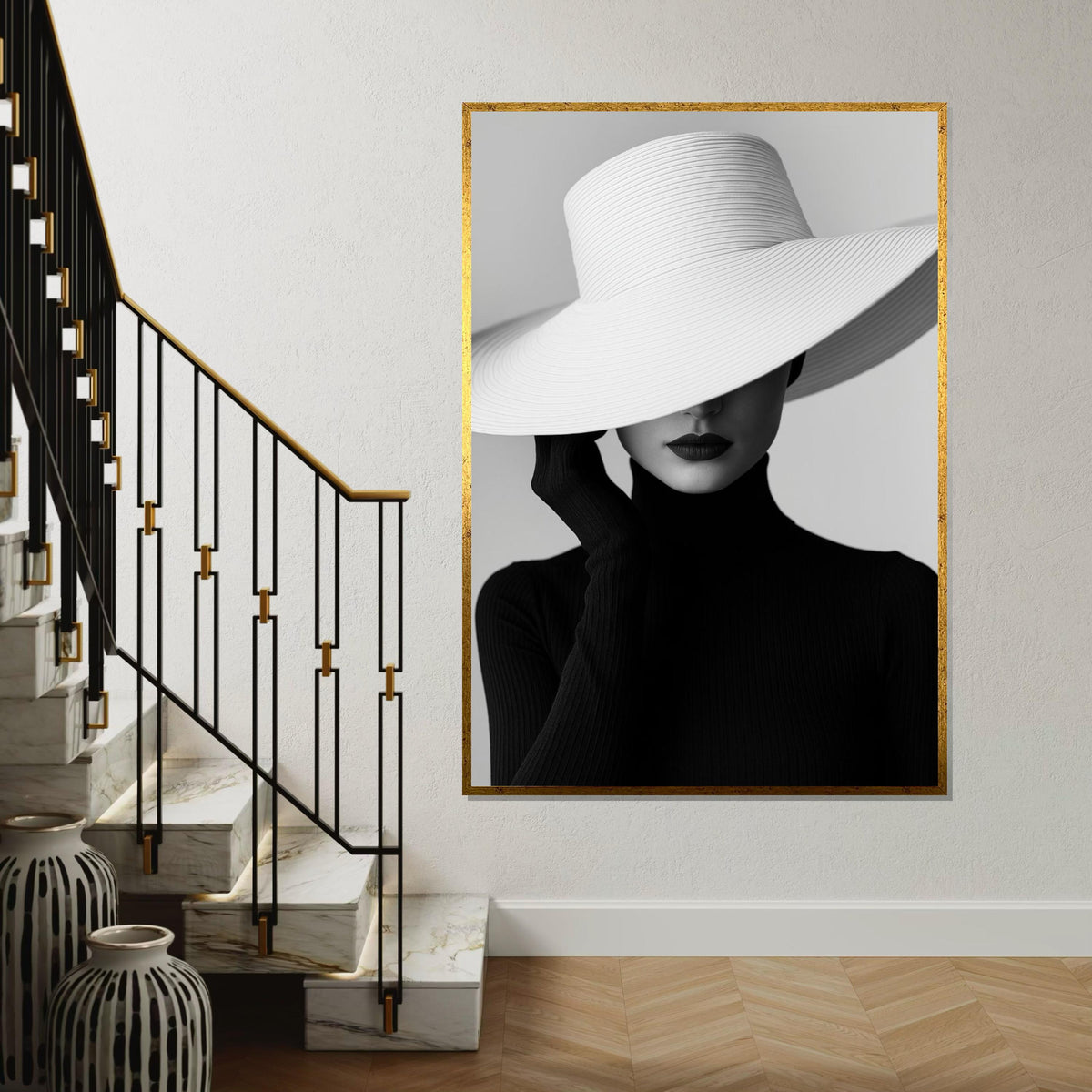 Chic Hat Lady Canvas, Elegant Fashion Art, Monochrome Wall Print, Wall Art Canvas Design, Ready to Hang Decoration