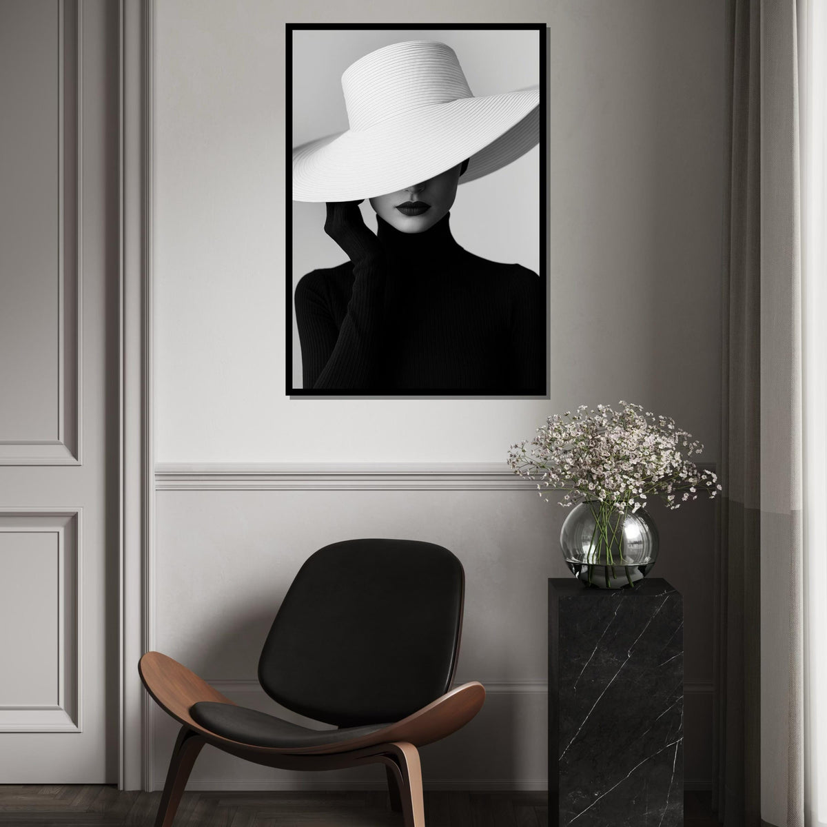 Chic Hat Lady Canvas, Elegant Fashion Art, Monochrome Wall Print, Wall Art Canvas Design, Ready to Hang Decoration