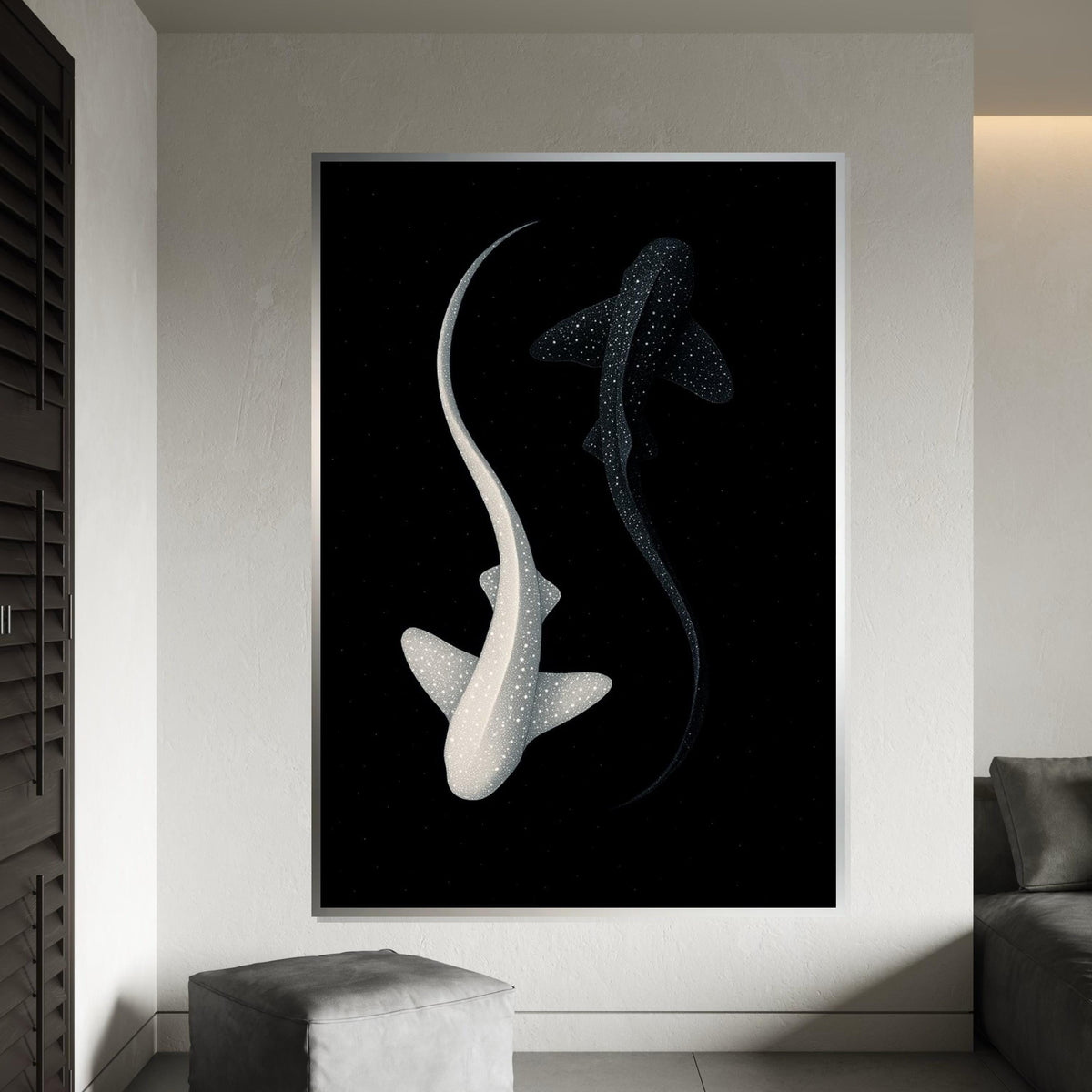 Yin Yang Sharks Canvas, Starry Ocean Art, Black and White Shark Wall Print, Marine Life Poster, Wall Art Canvas Design, Ready to Hang