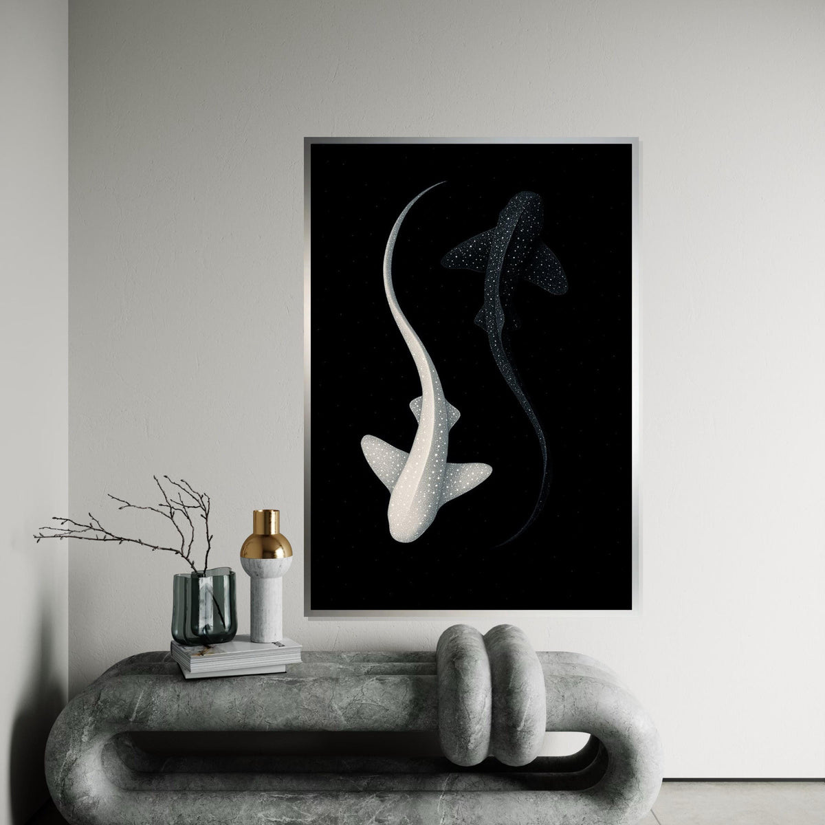 Yin Yang Sharks Canvas, Starry Ocean Art, Black and White Shark Wall Print, Marine Life Poster, Wall Art Canvas Design, Ready to Hang