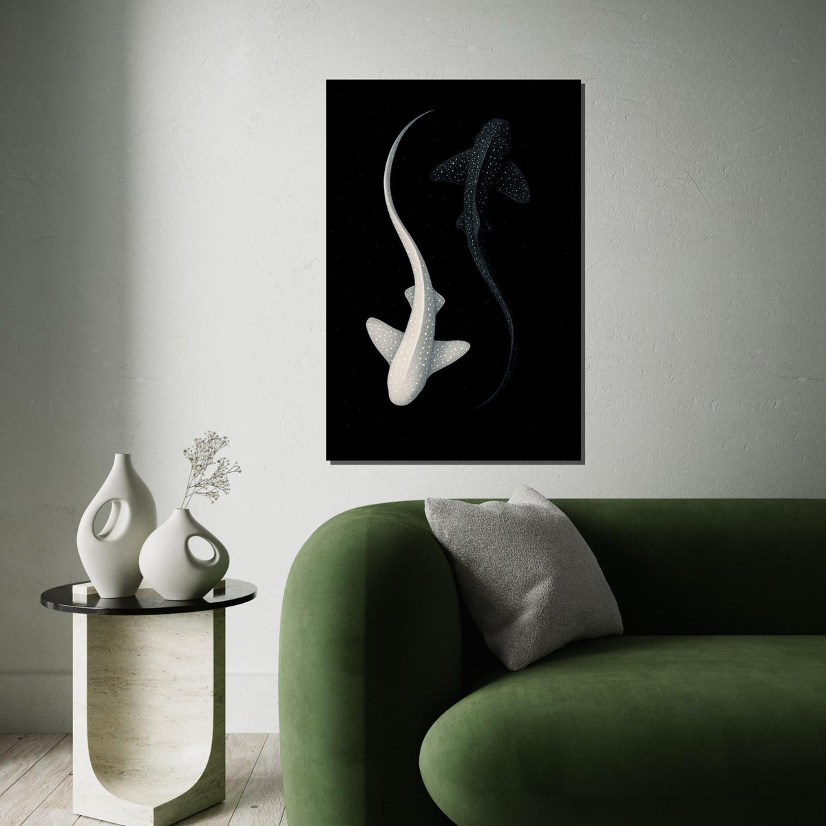 Yin Yang Sharks Canvas, Starry Ocean Art, Black and White Shark Wall Print, Marine Life Poster, Wall Art Canvas Design, Ready to Hang