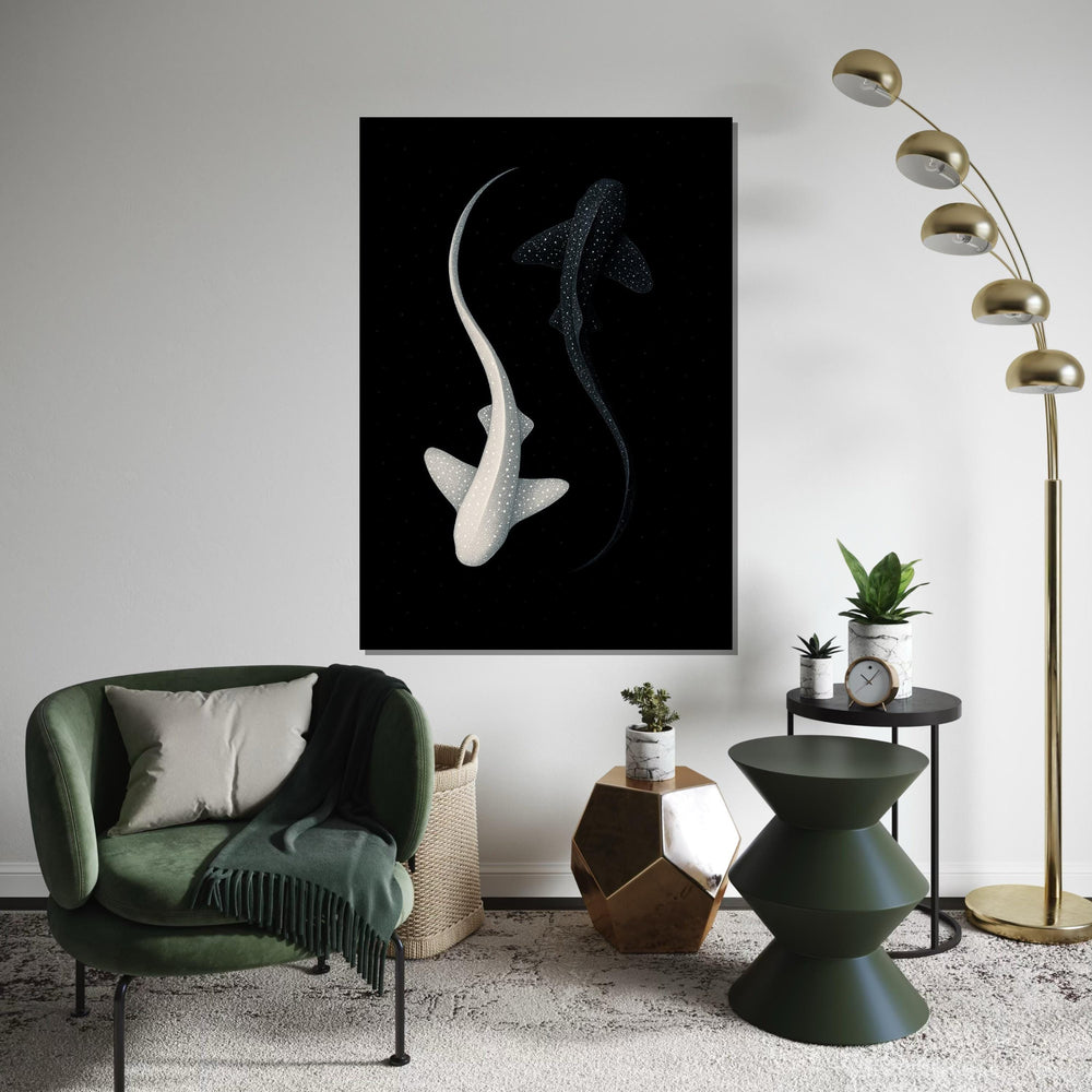 Yin Yang Sharks Canvas, Starry Ocean Art, Black and White Shark Wall Print, Marine Life Poster, Wall Art Canvas Design, Ready to Hang