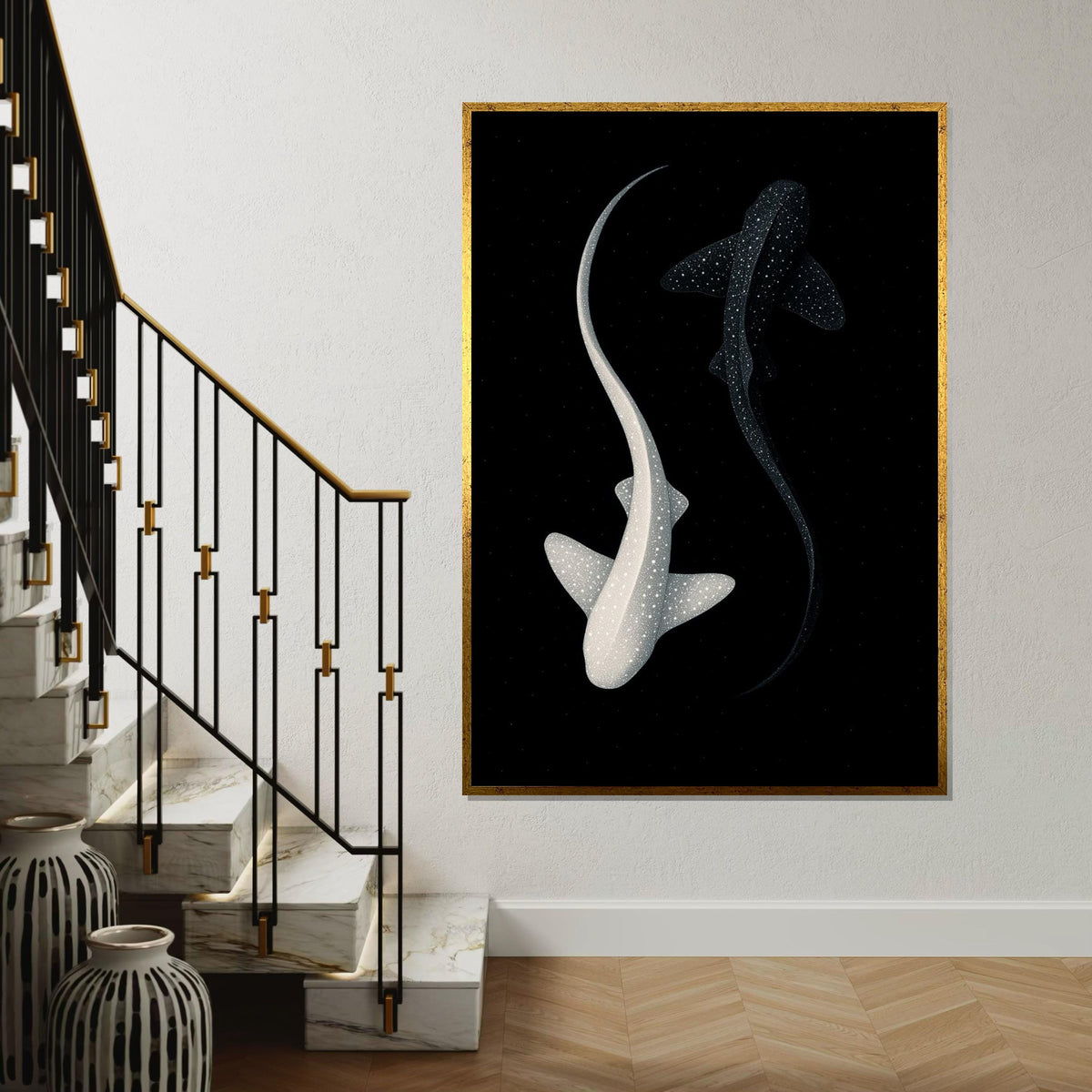 Yin Yang Sharks Canvas, Starry Ocean Art, Black and White Shark Wall Print, Marine Life Poster, Wall Art Canvas Design, Ready to Hang