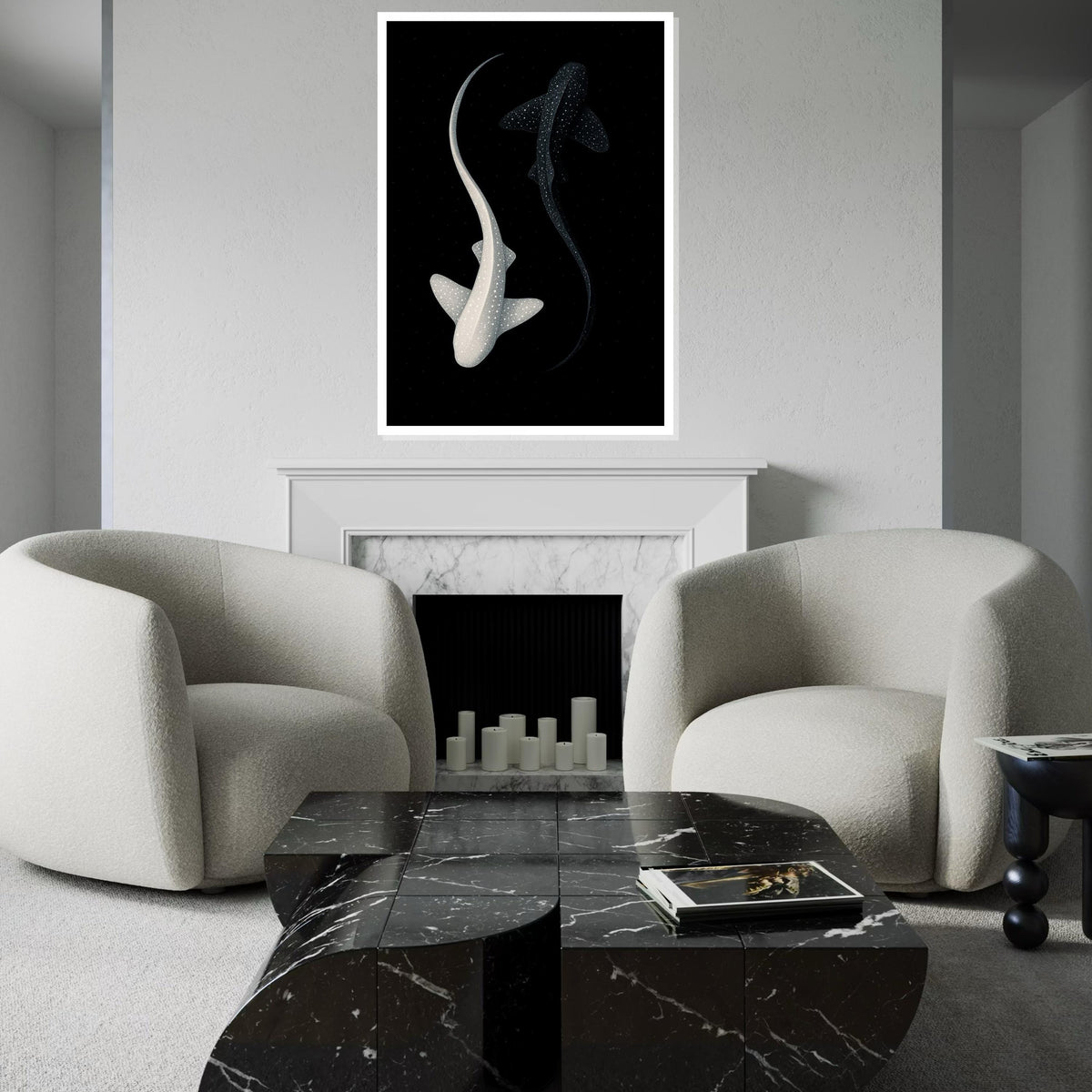 Yin Yang Sharks Canvas, Starry Ocean Art, Black and White Shark Wall Print, Marine Life Poster, Wall Art Canvas Design, Ready to Hang