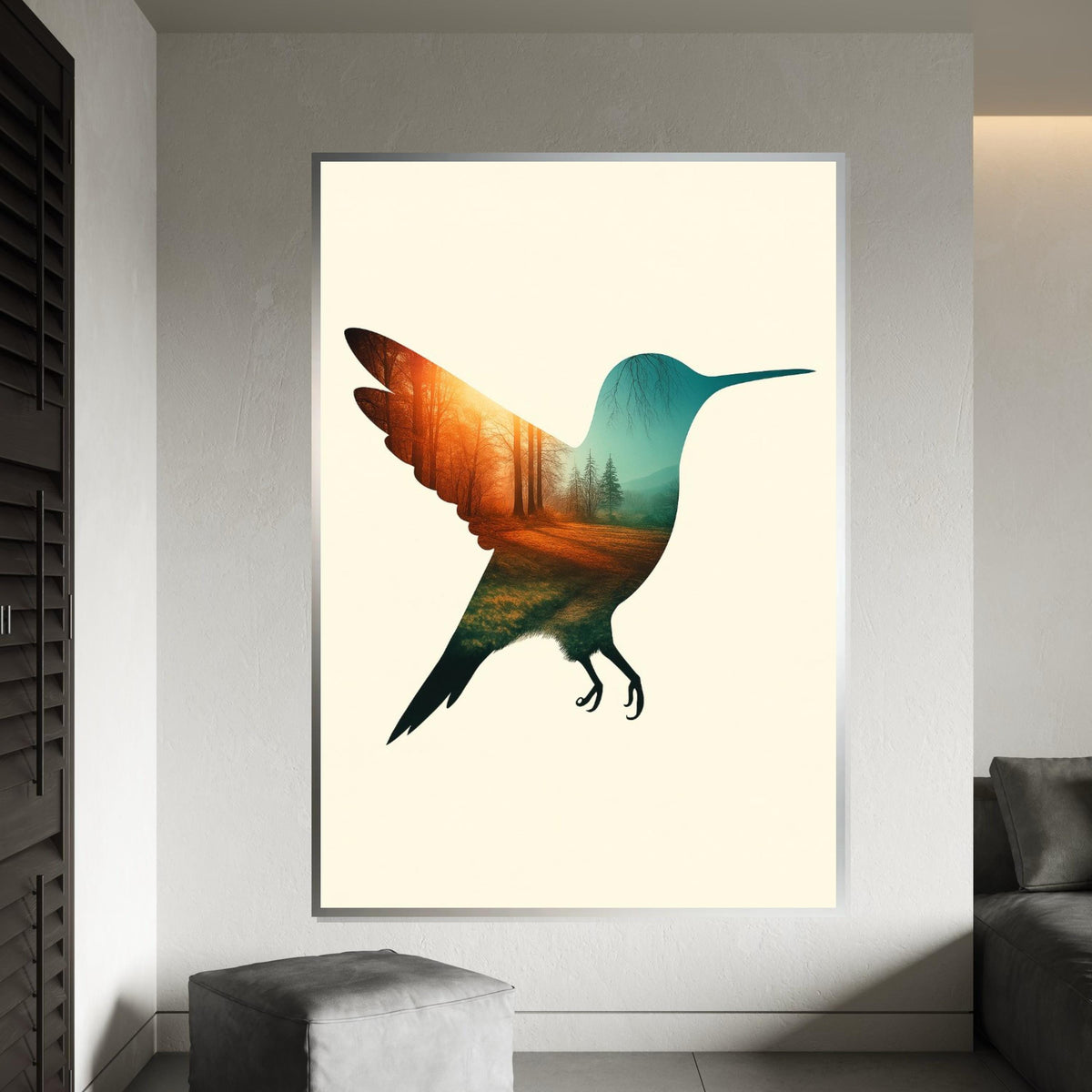 Hummingbird Forest Canvas, Nature Bird Art, Double Exposure Poster, Wall Art Canvas Design, Ready To Hang Decoration