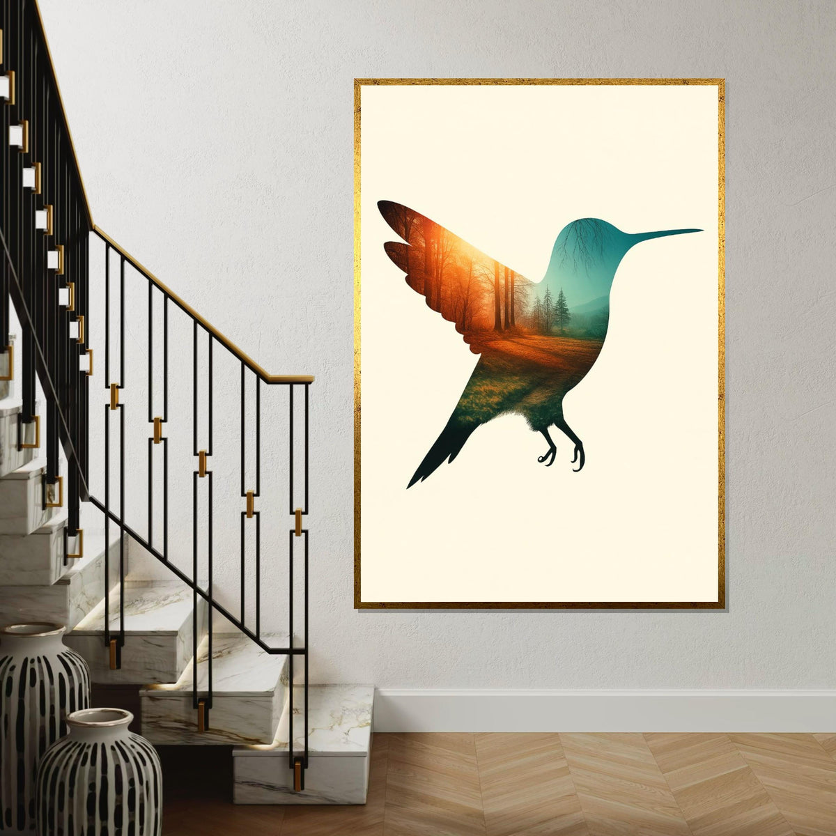 Hummingbird Forest Canvas, Nature Bird Art, Double Exposure Poster, Wall Art Canvas Design, Ready To Hang Decoration