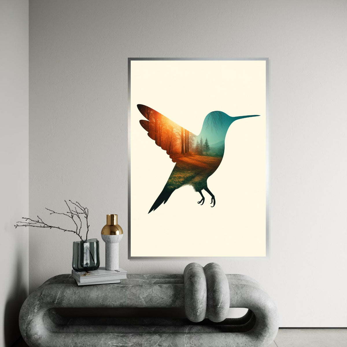 Hummingbird Forest Canvas, Nature Bird Art, Double Exposure Poster, Wall Art Canvas Design, Ready To Hang Decoration