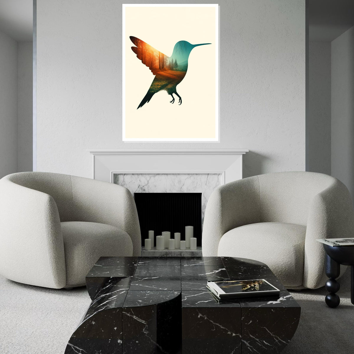 Hummingbird Forest Canvas, Nature Bird Art, Double Exposure Poster, Wall Art Canvas Design, Ready To Hang Decoration