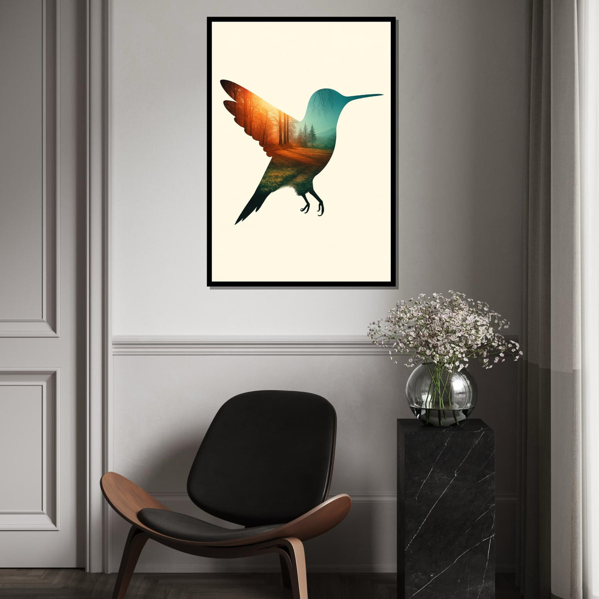 Hummingbird Forest Canvas, Nature Bird Art, Double Exposure Poster, Wall Art Canvas Design, Ready To Hang Decoration
