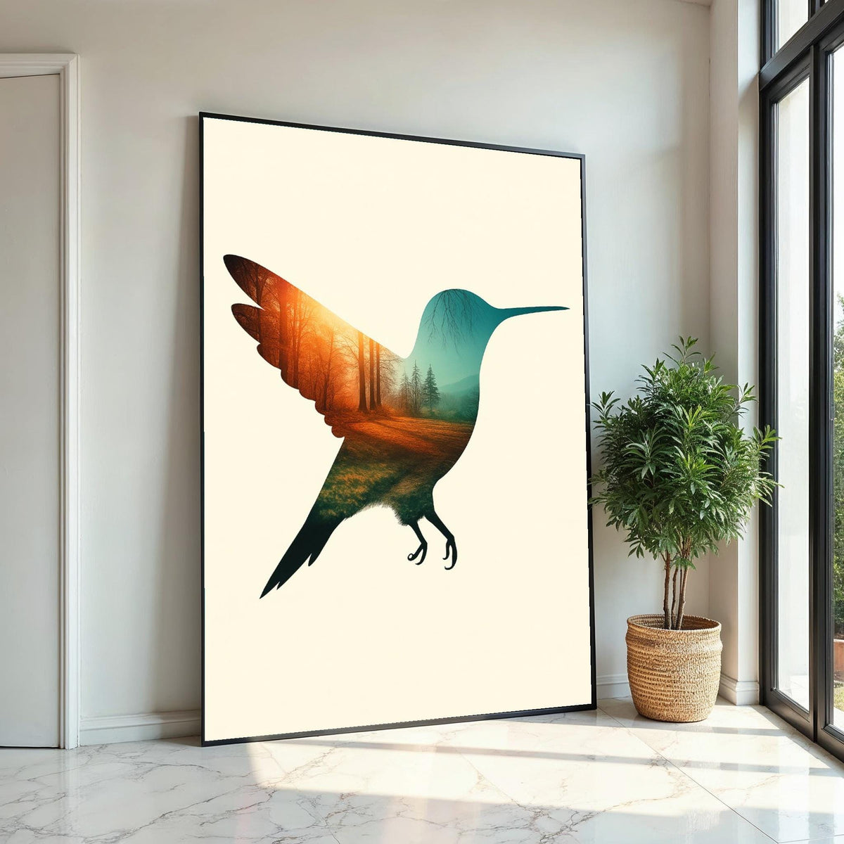 Hummingbird Forest Canvas, Nature Bird Art, Double Exposure Poster, Wall Art Canvas Design, Ready To Hang Decoration