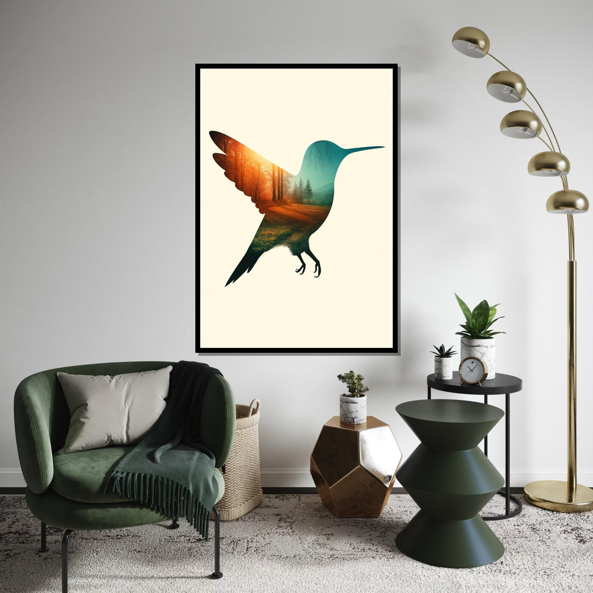 Hummingbird Forest Canvas, Nature Bird Art, Double Exposure Poster, Wall Art Canvas Design, Ready To Hang Decoration