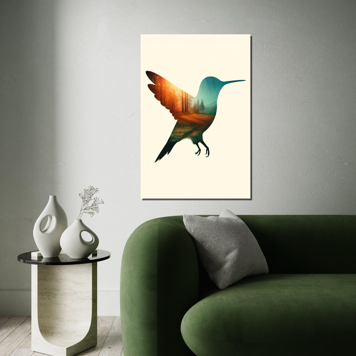 Hummingbird Forest Canvas, Nature Bird Art, Double Exposure Poster, Wall Art Canvas Design, Ready To Hang Decoration