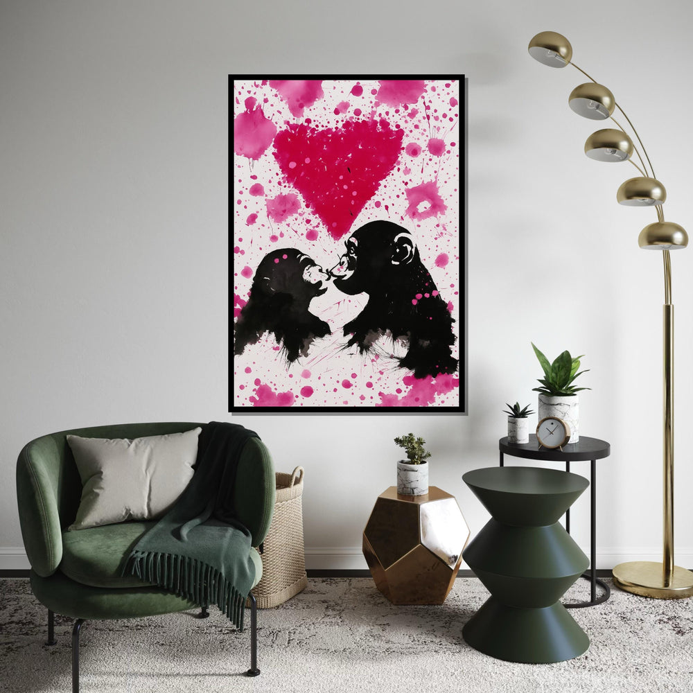 Pink Love Monkeys Canvas, Monkey Art, Heart Design, Wall Art Canvas Design, Ready To Hang Decoration, Graffiti Paint Effect