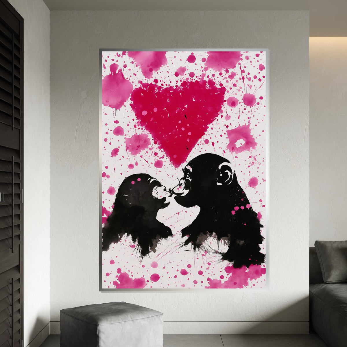 Pink Love Monkeys Canvas, Monkey Art, Heart Design, Wall Art Canvas Design, Ready To Hang Decoration, Graffiti Paint Effect