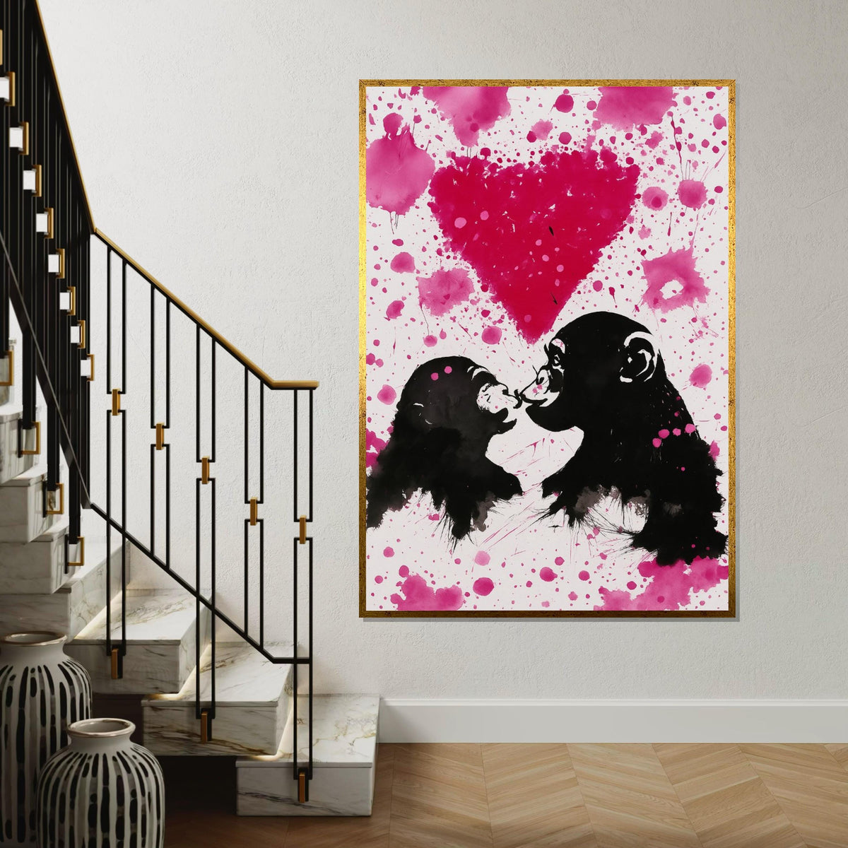 Pink Love Monkeys Canvas, Monkey Art, Heart Design, Wall Art Canvas Design, Ready To Hang Decoration, Graffiti Paint Effect
