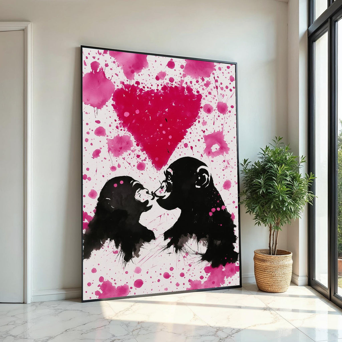 Pink Love Monkeys Canvas, Monkey Art, Heart Design, Wall Art Canvas Design, Ready To Hang Decoration, Graffiti Paint Effect