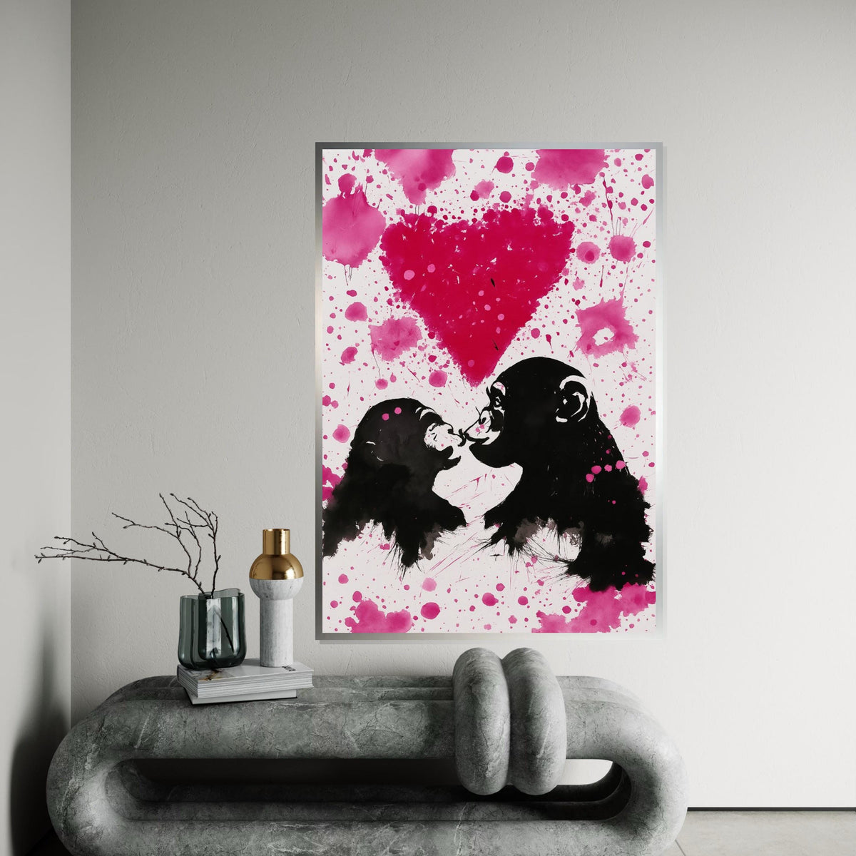 Pink Love Monkeys Canvas, Monkey Art, Heart Design, Wall Art Canvas Design, Ready To Hang Decoration, Graffiti Paint Effect