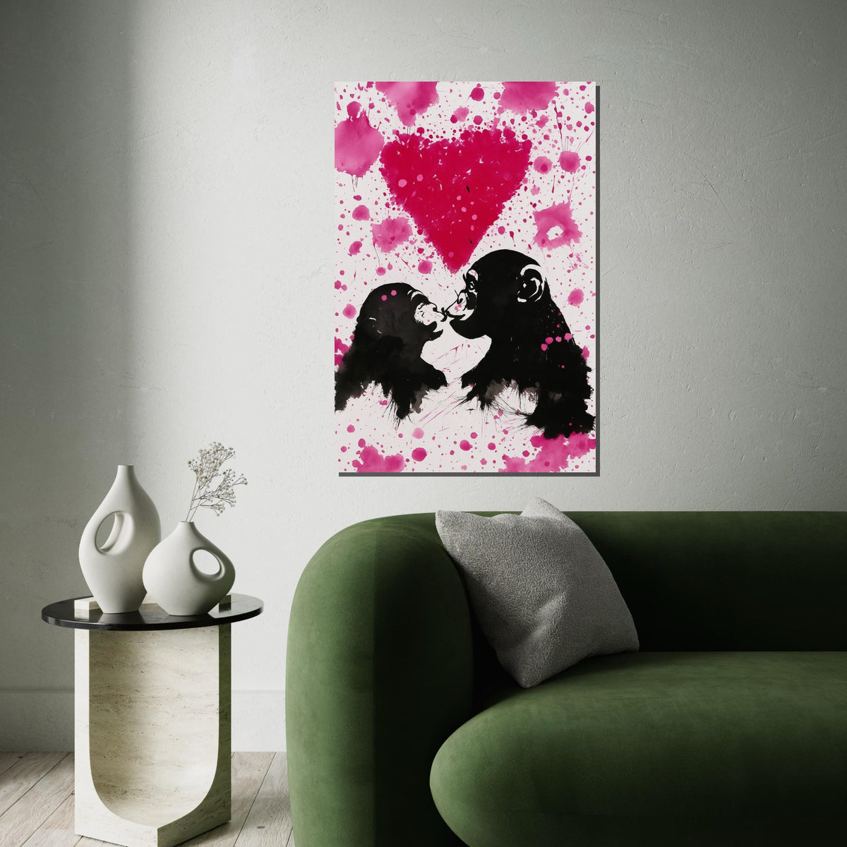 Pink Love Monkeys Canvas, Monkey Art, Heart Design, Wall Art Canvas Design, Ready To Hang Decoration, Graffiti Paint Effect