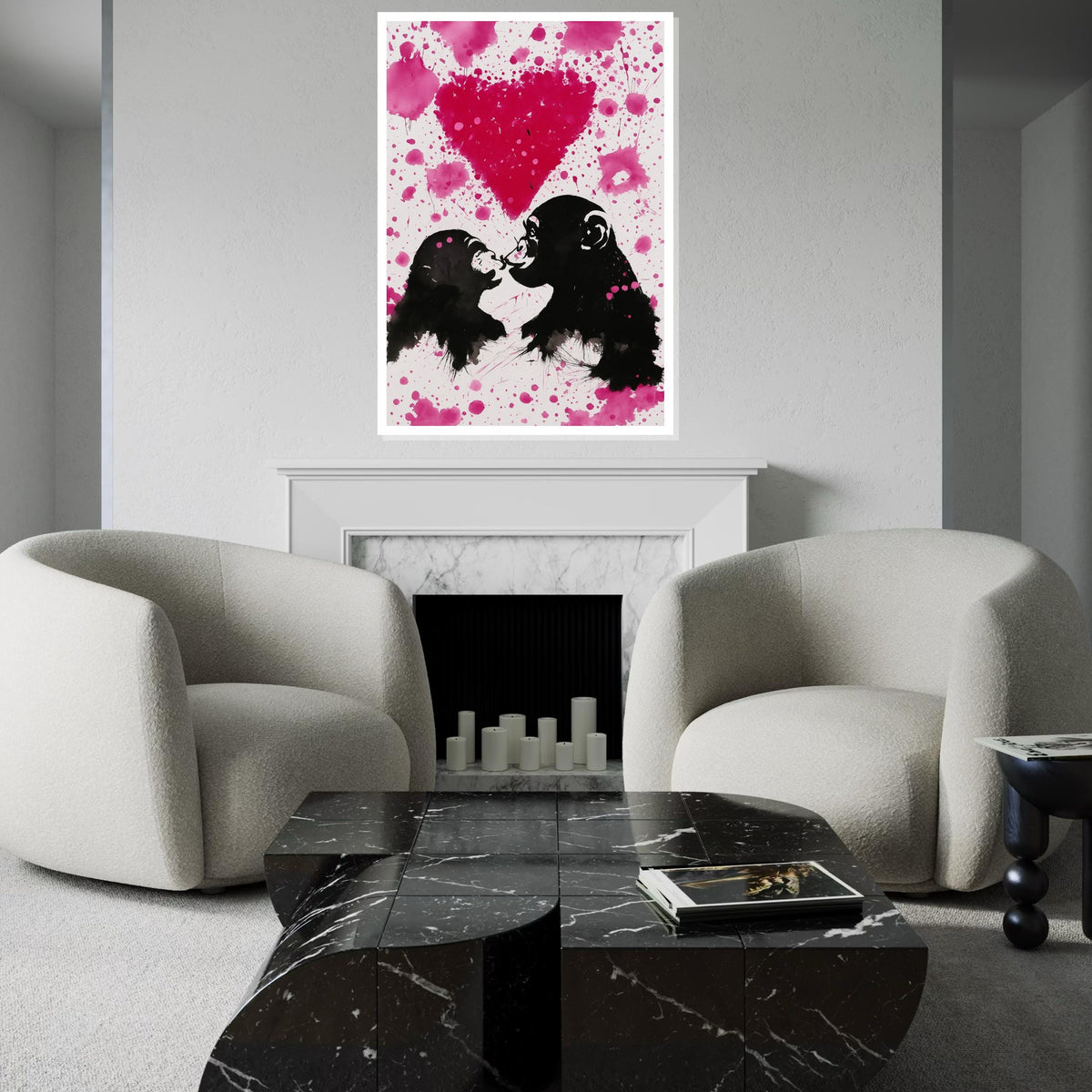 Pink Love Monkeys Canvas, Monkey Art, Heart Design, Wall Art Canvas Design, Ready To Hang Decoration, Graffiti Paint Effect