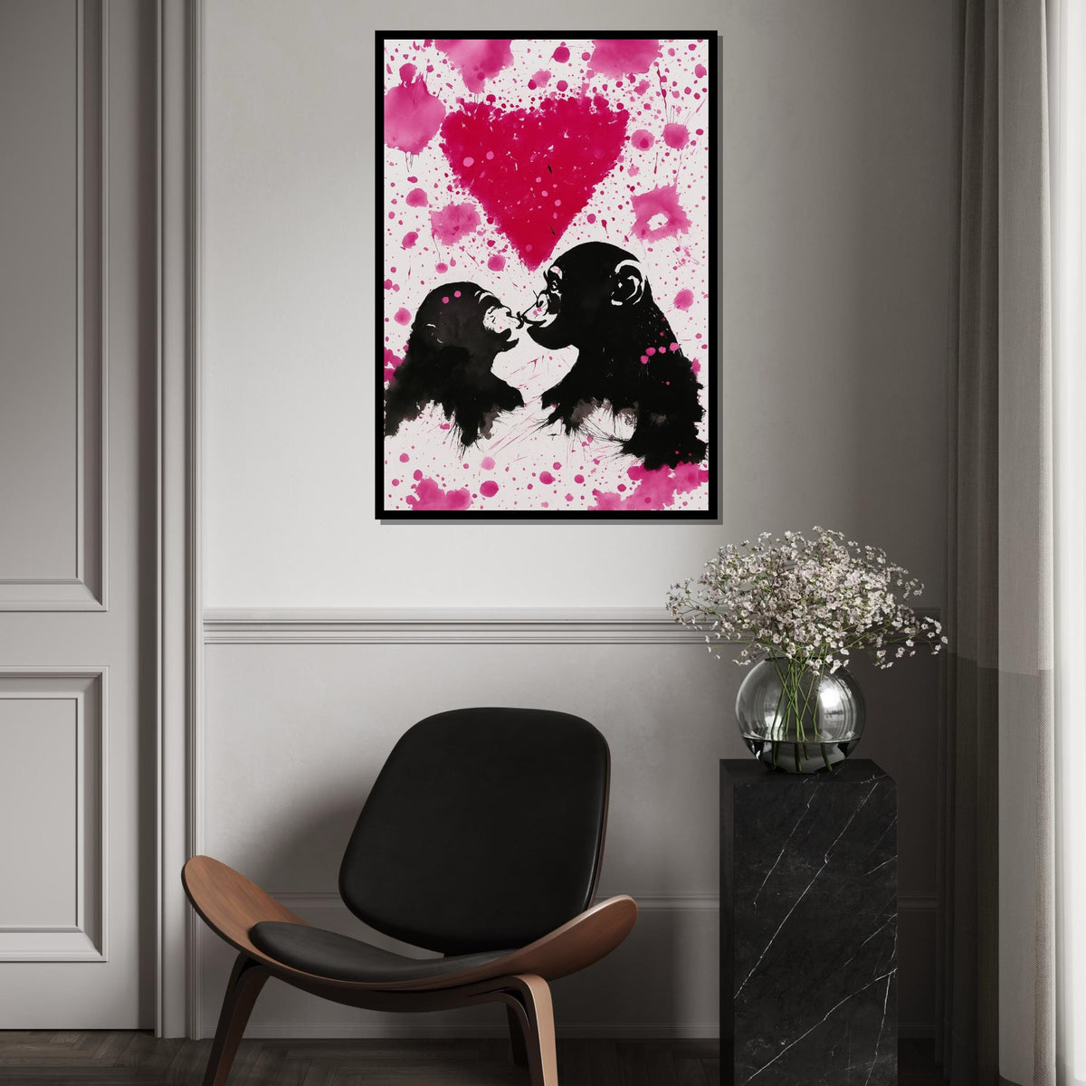 Pink Love Monkeys Canvas, Monkey Art, Heart Design, Wall Art Canvas Design, Ready To Hang Decoration, Graffiti Paint Effect