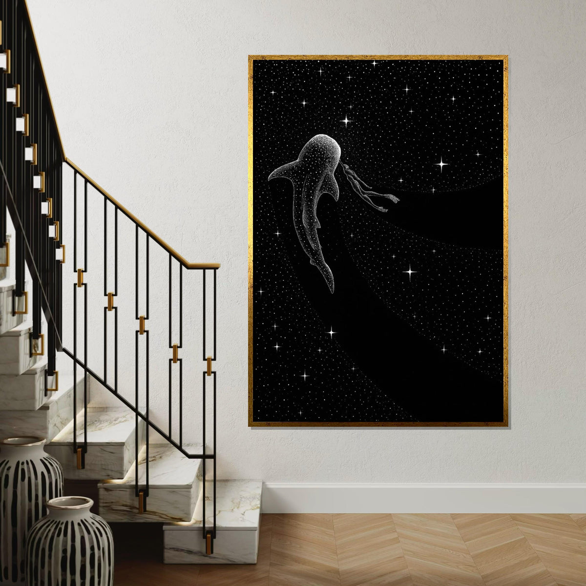 Cosmic Whale Shark Canvas, Galaxy Diver Art, Space Wall Print, Starry Animal Canvas, Wall Art Design, Ready to Hang Decoration