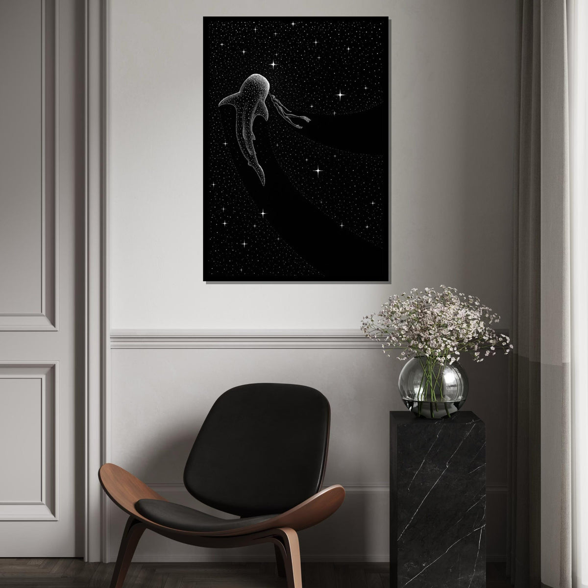 Cosmic Whale Shark Canvas, Galaxy Diver Art, Space Wall Print, Starry Animal Canvas, Wall Art Design, Ready to Hang Decoration