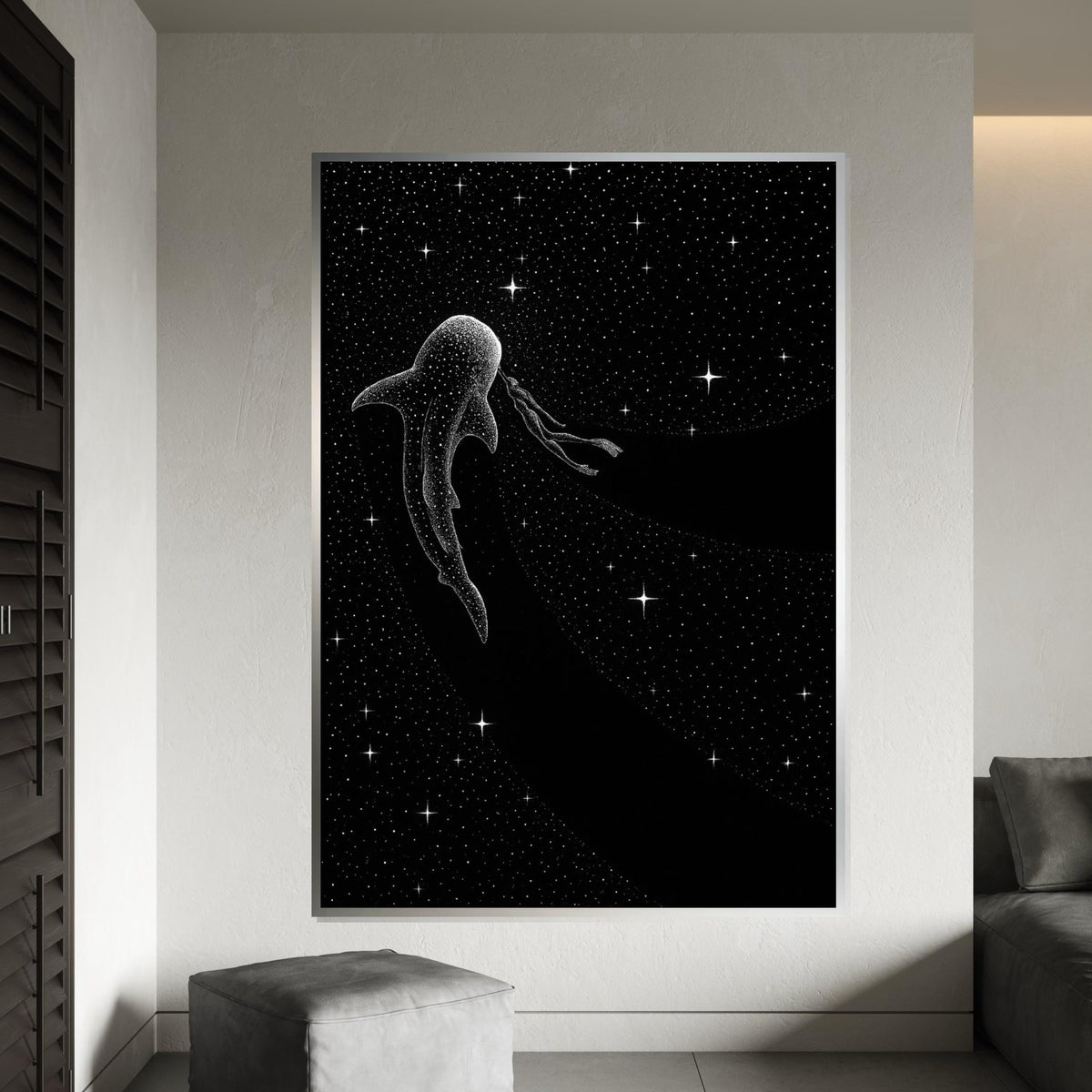 Cosmic Whale Shark Canvas, Galaxy Diver Art, Space Wall Print, Starry Animal Canvas, Wall Art Design, Ready to Hang Decoration