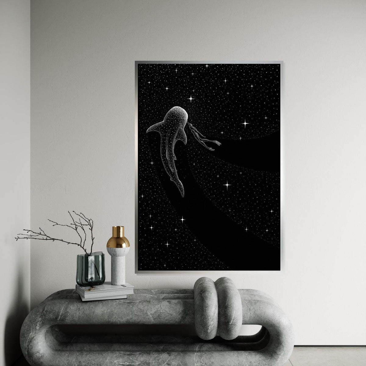 Cosmic Whale Shark Canvas, Galaxy Diver Art, Space Wall Print, Starry Animal Canvas, Wall Art Design, Ready to Hang Decoration
