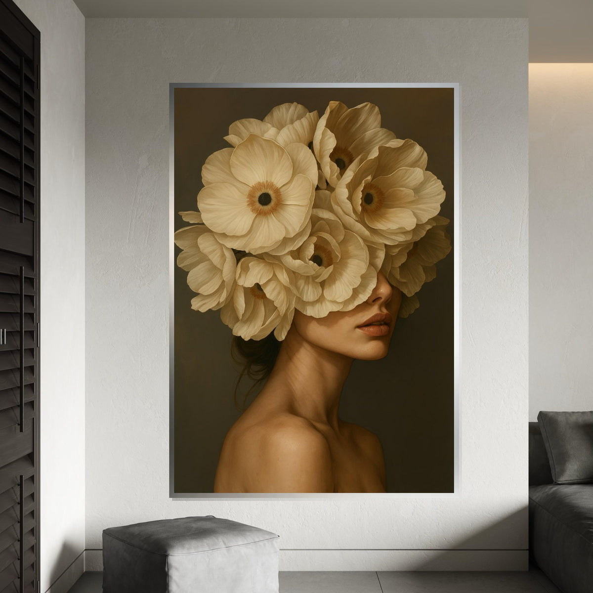 Floral Veiled Woman Canvas, Surreal Portrait Art, Woman with Flowers Wall Print, Wall Art Canvas Design, Ready to Hang Decoration