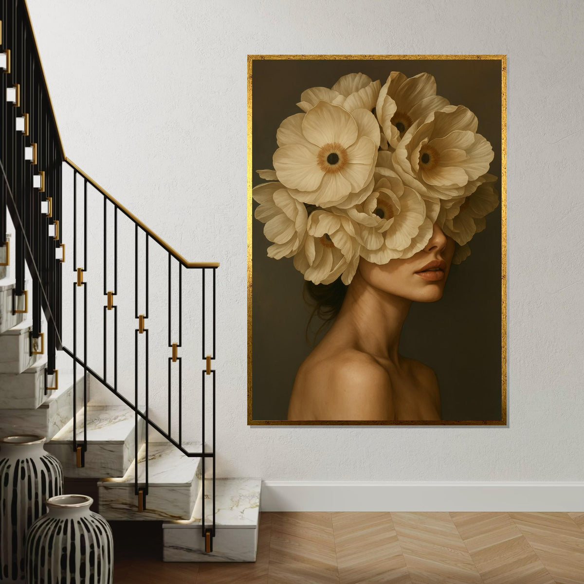 Floral Veiled Woman Canvas, Surreal Portrait Art, Woman with Flowers Wall Print, Wall Art Canvas Design, Ready to Hang Decoration