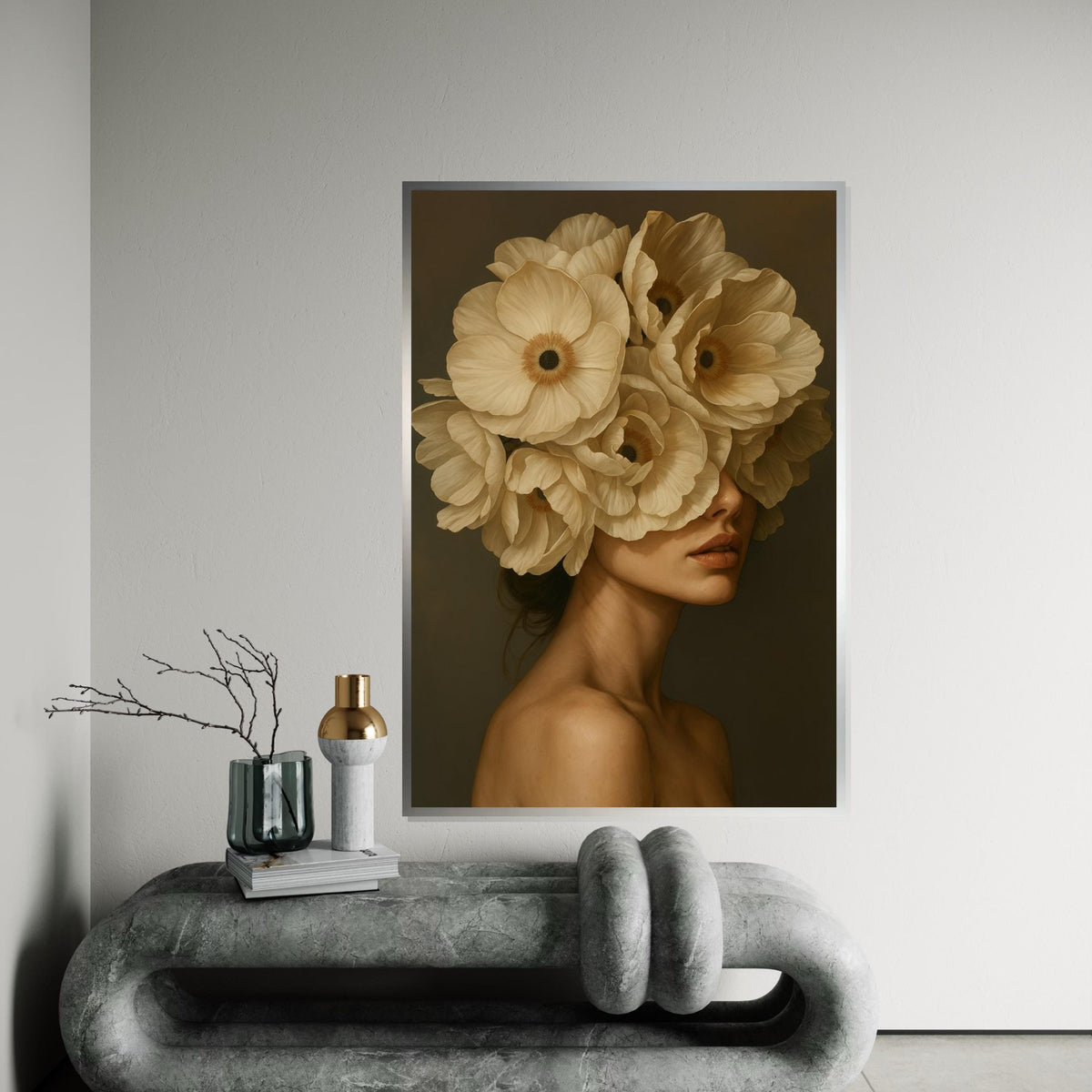 Floral Veiled Woman Canvas, Surreal Portrait Art, Woman with Flowers Wall Print, Wall Art Canvas Design, Ready to Hang Decoration