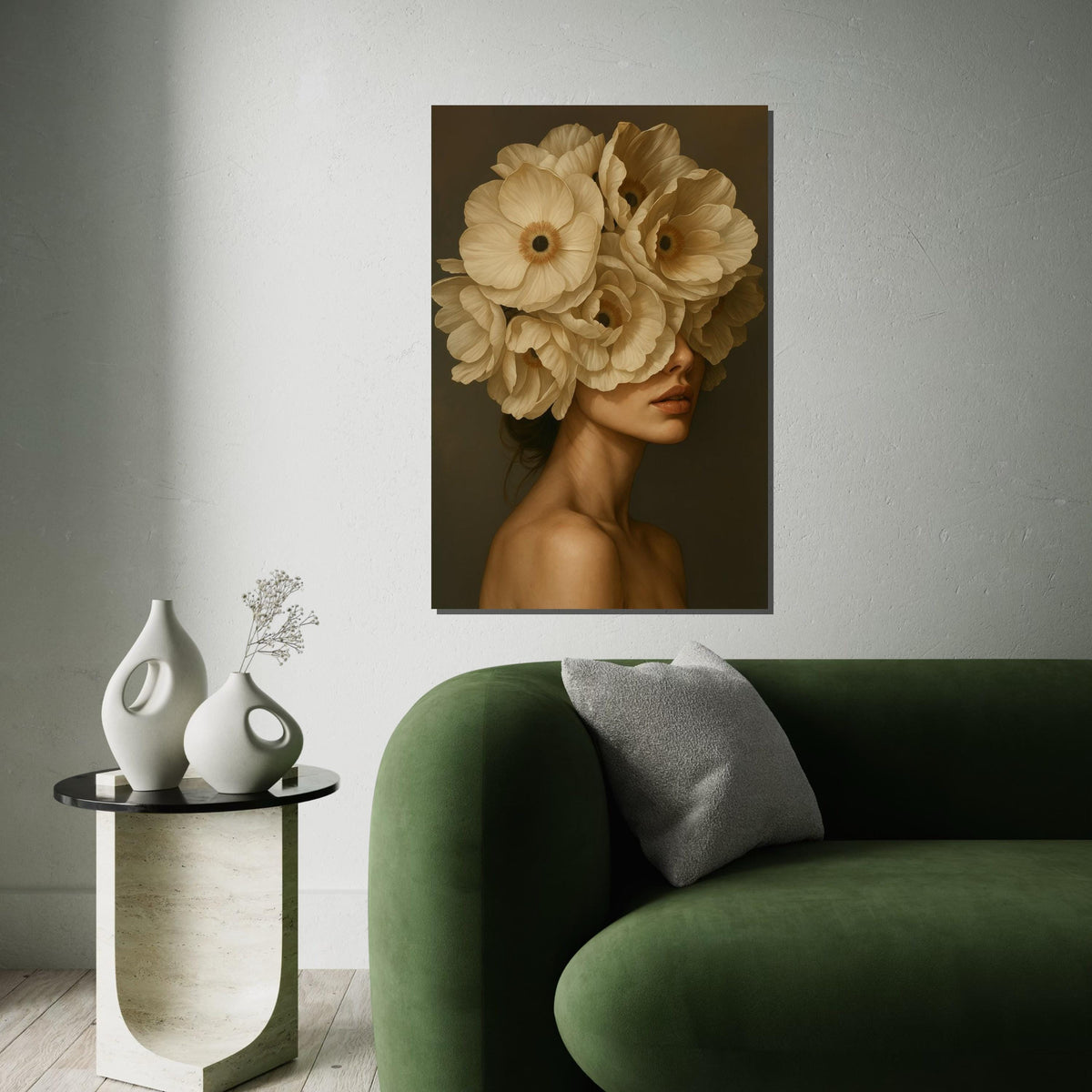 Floral Veiled Woman Canvas, Surreal Portrait Art, Woman with Flowers Wall Print, Wall Art Canvas Design, Ready to Hang Decoration