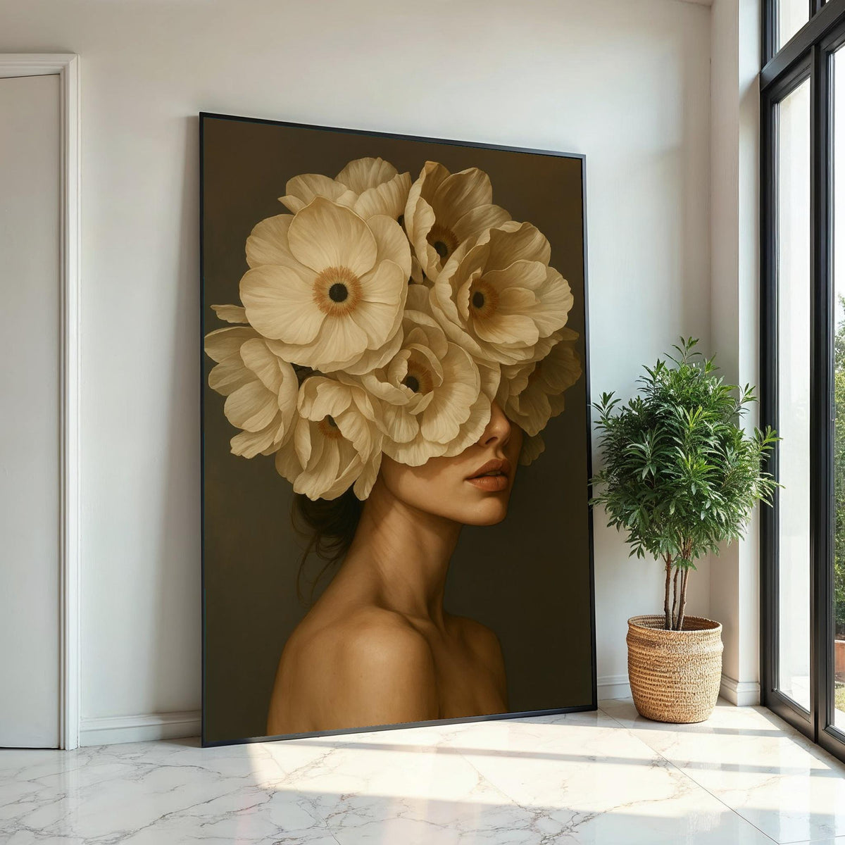 Floral Veiled Woman Canvas, Surreal Portrait Art, Woman with Flowers Wall Print, Wall Art Canvas Design, Ready to Hang Decoration