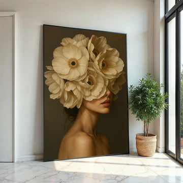 Floral Veiled Woman Canvas, Surreal Portrait Art, Woman with Flowers Wall Print, Wall Art Canvas Design, Ready to Hang Decoration