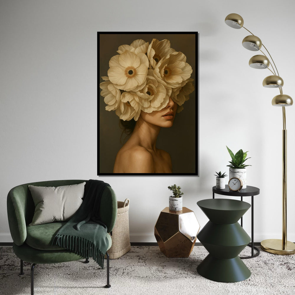 Floral Veiled Woman Canvas, Surreal Portrait Art, Woman with Flowers Wall Print, Wall Art Canvas Design, Ready to Hang Decoration