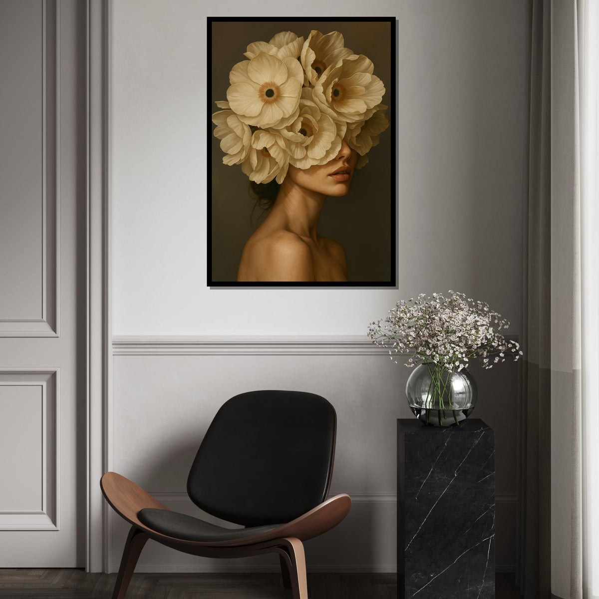 Floral Veiled Woman Canvas, Surreal Portrait Art, Woman with Flowers Wall Print, Wall Art Canvas Design, Ready to Hang Decoration