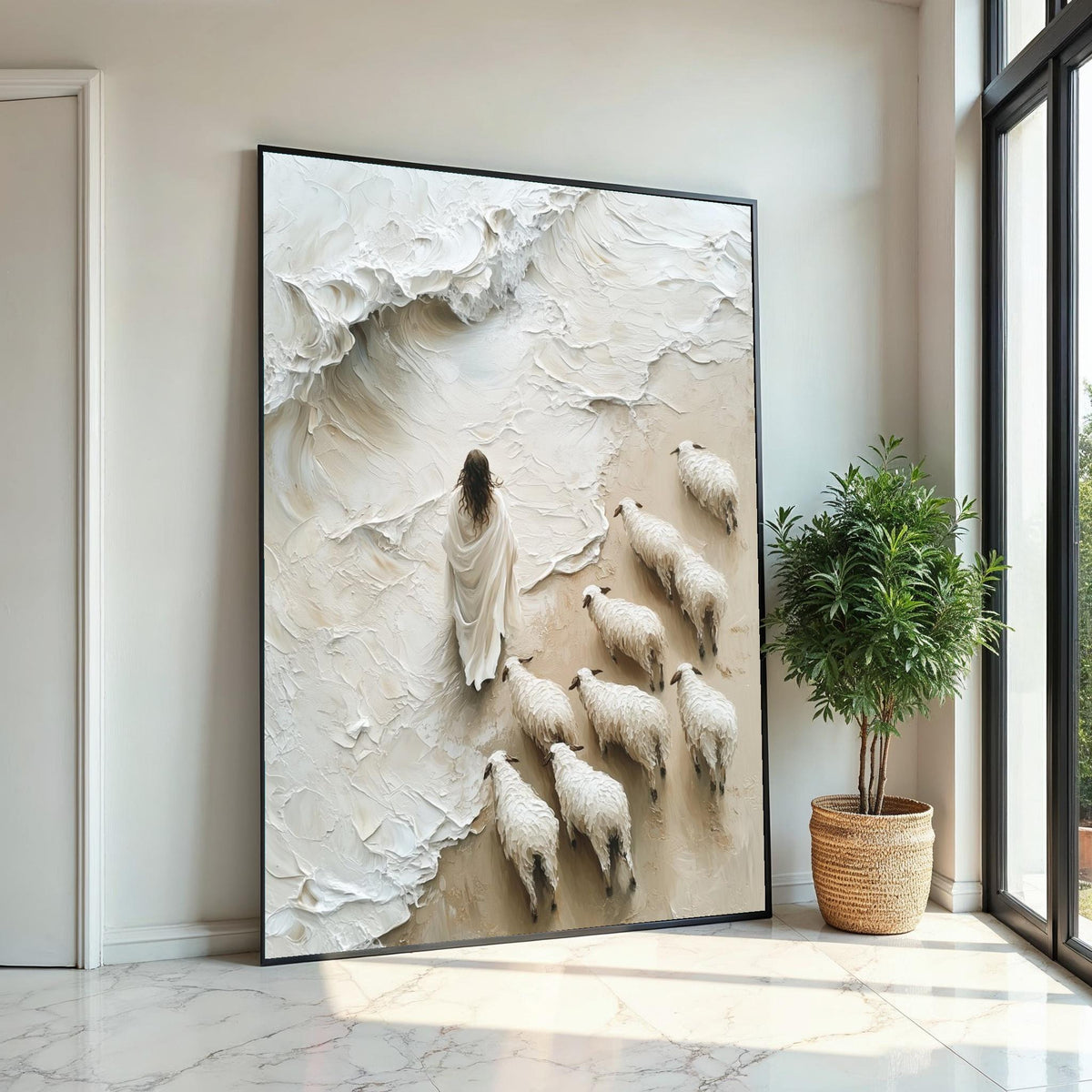 Shepherd with Flock Canvas, Surreal Sheep Art, Peaceful Wall Art, Canvas Design, Ready to Hang Home Decor, Inspirational Pastoral Scene