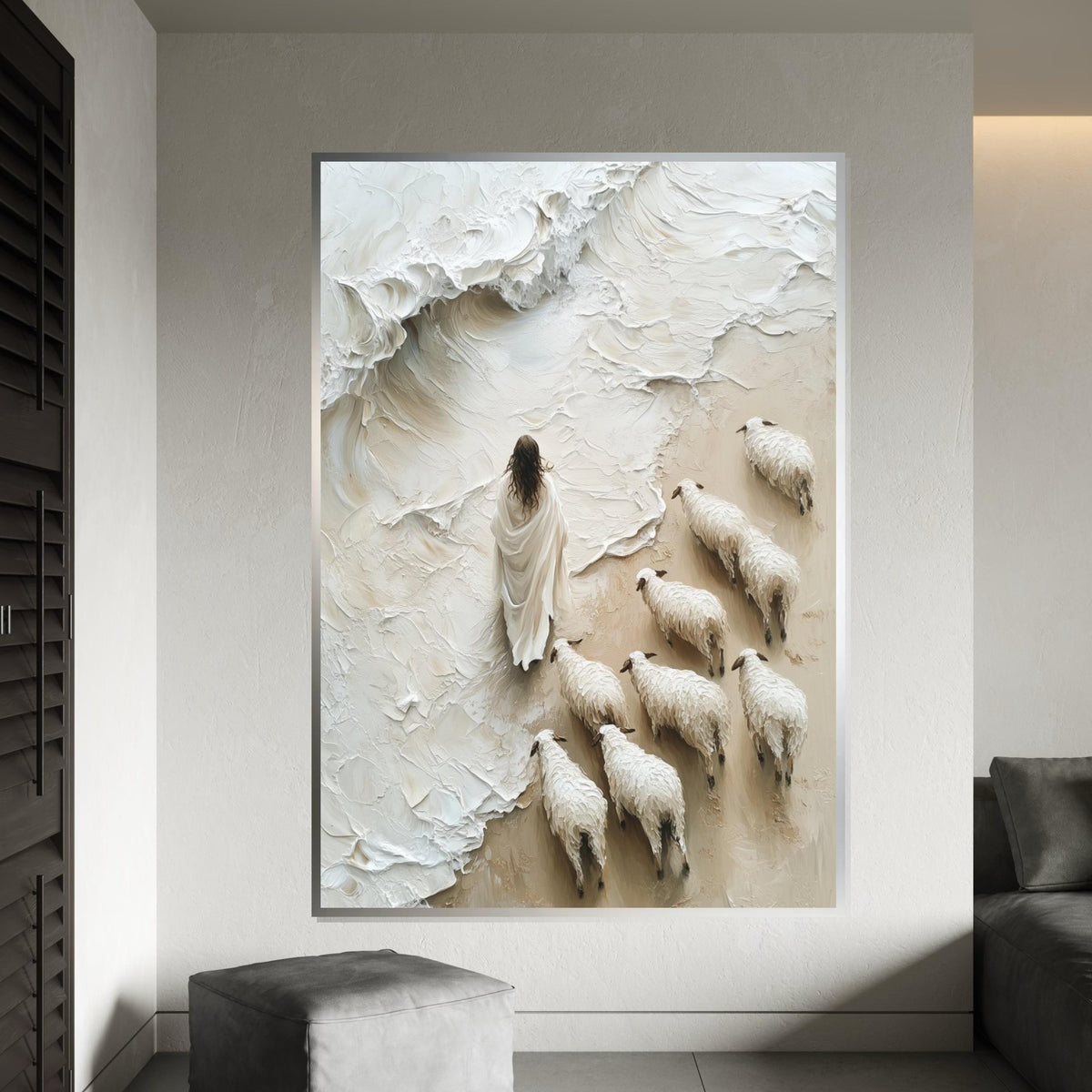 Shepherd with Flock Canvas, Surreal Sheep Art, Peaceful Wall Art, Canvas Design, Ready to Hang Home Decor, Inspirational Pastoral Scene