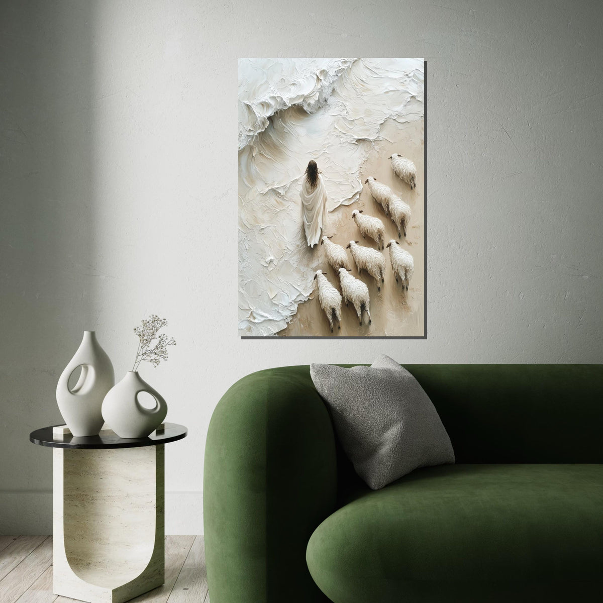 Shepherd with Flock Canvas, Surreal Sheep Art, Peaceful Wall Art, Canvas Design, Ready to Hang Home Decor, Inspirational Pastoral Scene
