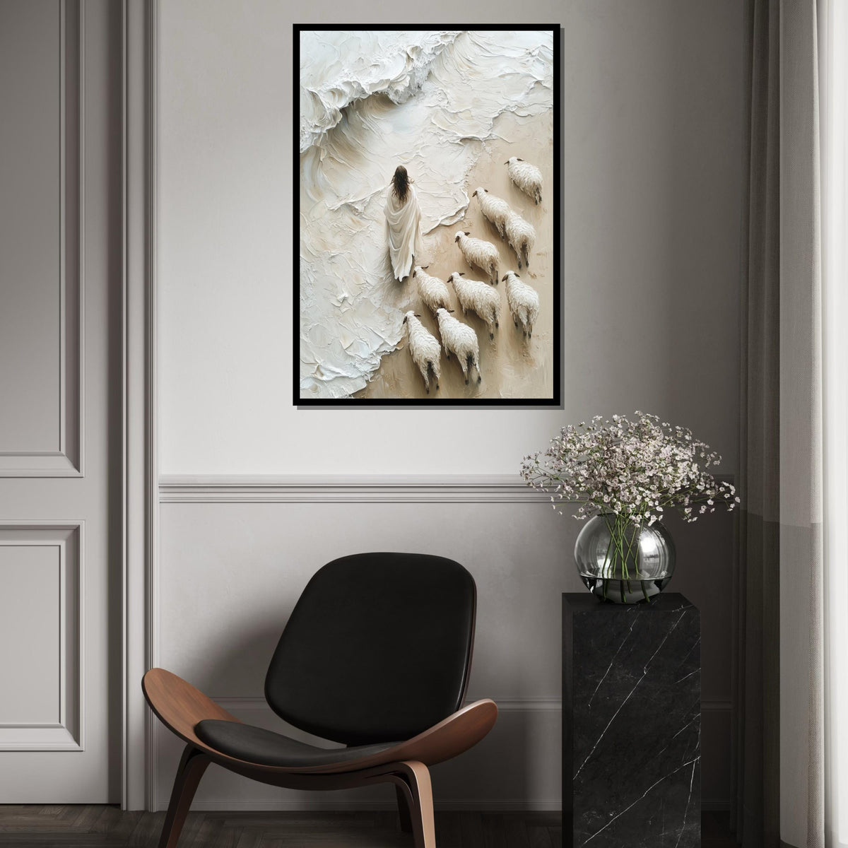 Shepherd with Flock Canvas, Surreal Sheep Art, Peaceful Wall Art, Canvas Design, Ready to Hang Home Decor, Inspirational Pastoral Scene