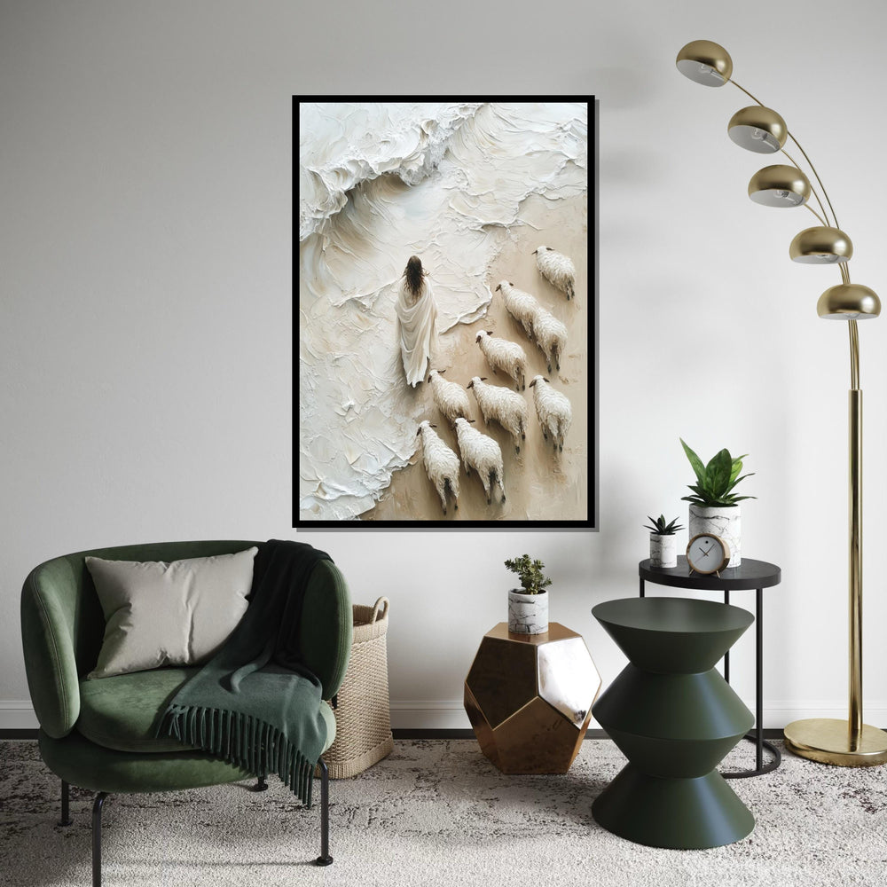 Shepherd with Flock Canvas, Surreal Sheep Art, Peaceful Wall Art, Canvas Design, Ready to Hang Home Decor, Inspirational Pastoral Scene