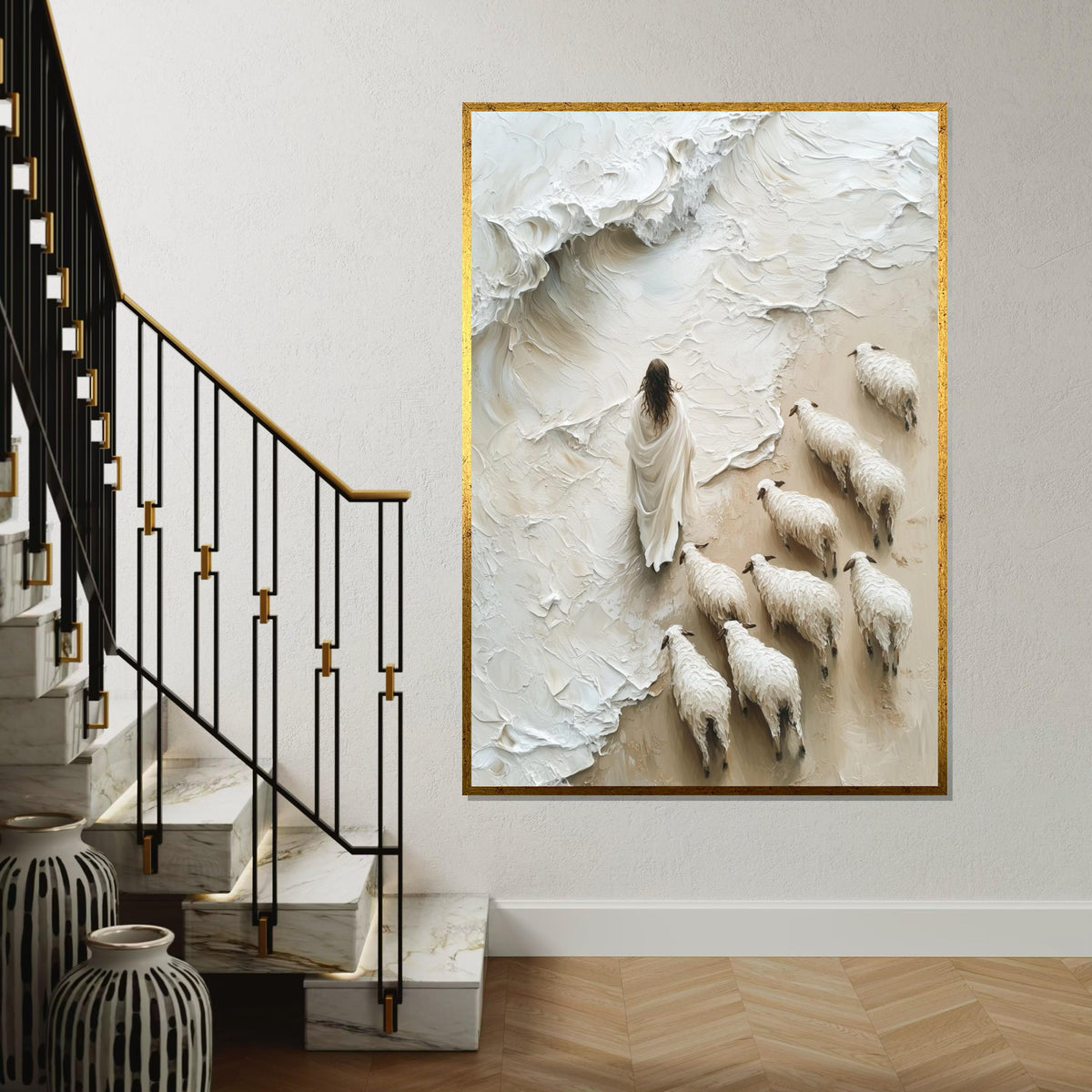 Shepherd with Flock Canvas, Surreal Sheep Art, Peaceful Wall Art, Canvas Design, Ready to Hang Home Decor, Inspirational Pastoral Scene