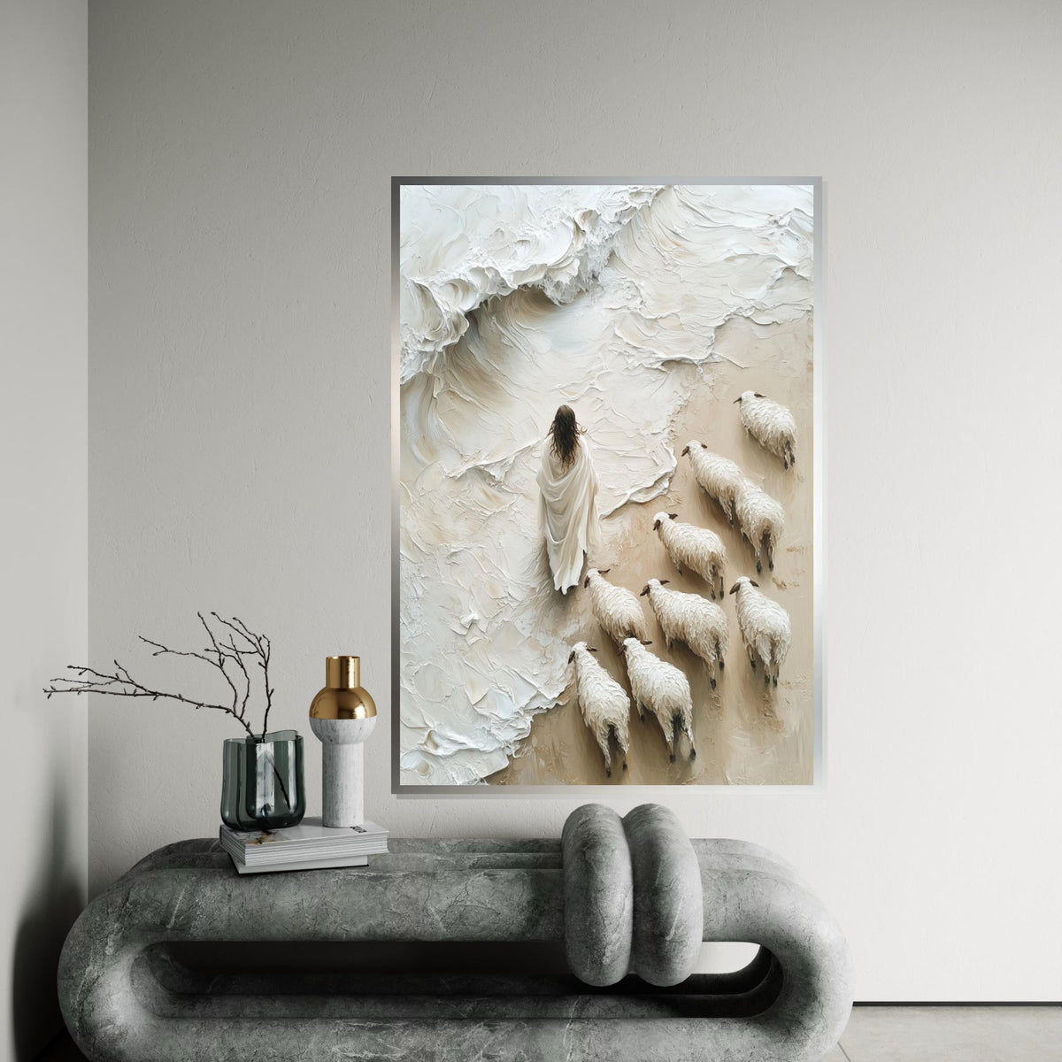 Shepherd with Flock Canvas, Surreal Sheep Art, Peaceful Wall Art, Canvas Design, Ready to Hang Home Decor, Inspirational Pastoral Scene
