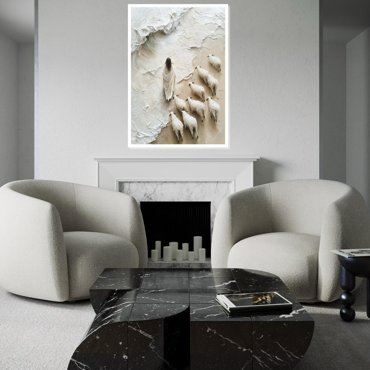 Shepherd with Flock Canvas, Surreal Sheep Art, Peaceful Wall Art, Canvas Design, Ready to Hang Home Decor, Inspirational Pastoral Scene