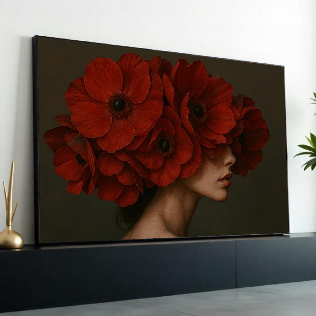 Red Poppy Bloom Portrait, Floral Canvas Art, Red Flower Headdress, Wall Art Canvas Design, Artistic Home Decor, Ready To Hang Decoration