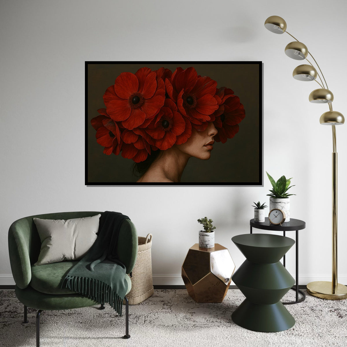 Red Poppy Bloom Portrait, Floral Canvas Art, Red Flower Headdress, Wall Art Canvas Design, Artistic Home Decor, Ready To Hang Decoration