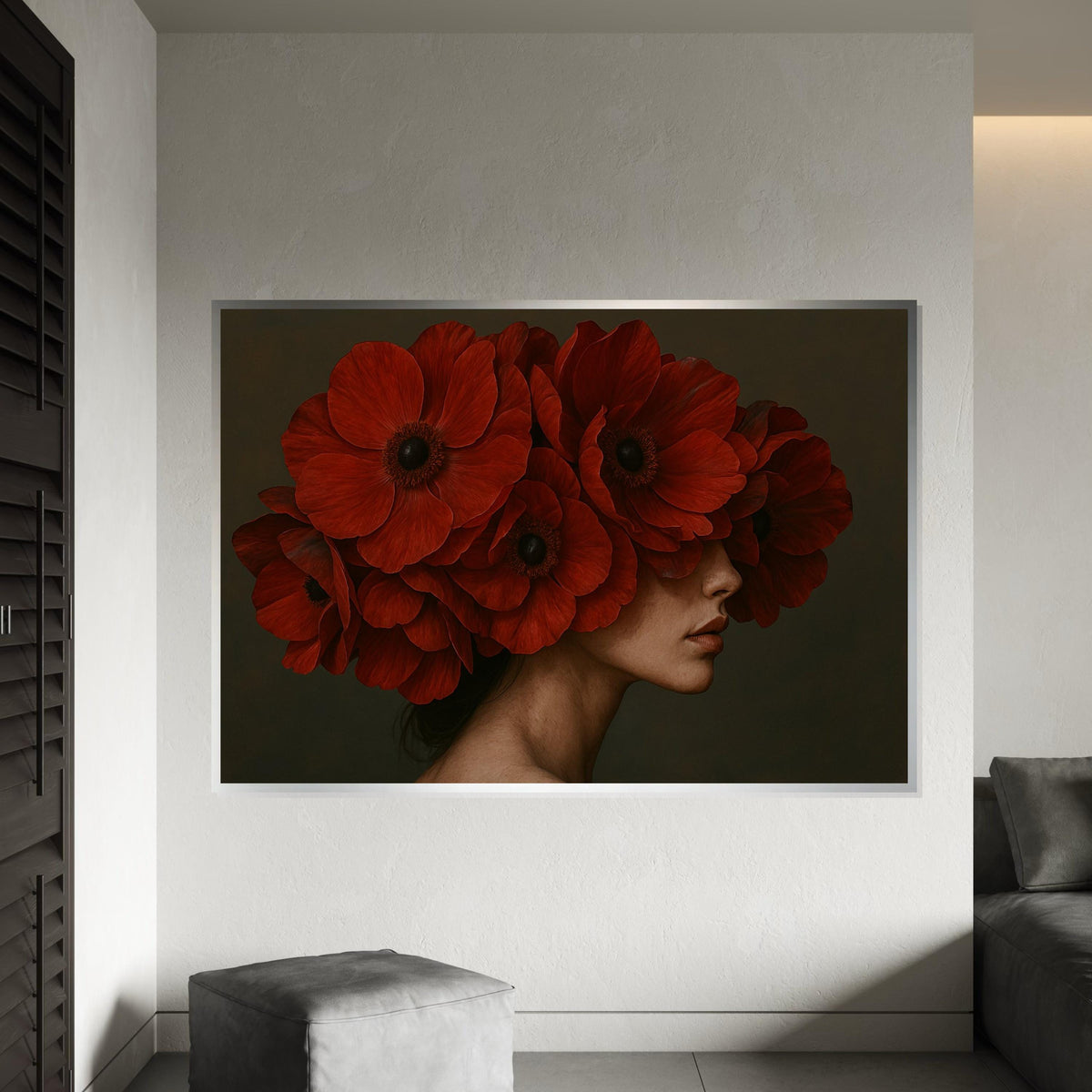 Red Poppy Bloom Portrait, Floral Canvas Art, Red Flower Headdress, Wall Art Canvas Design, Artistic Home Decor, Ready To Hang Decoration