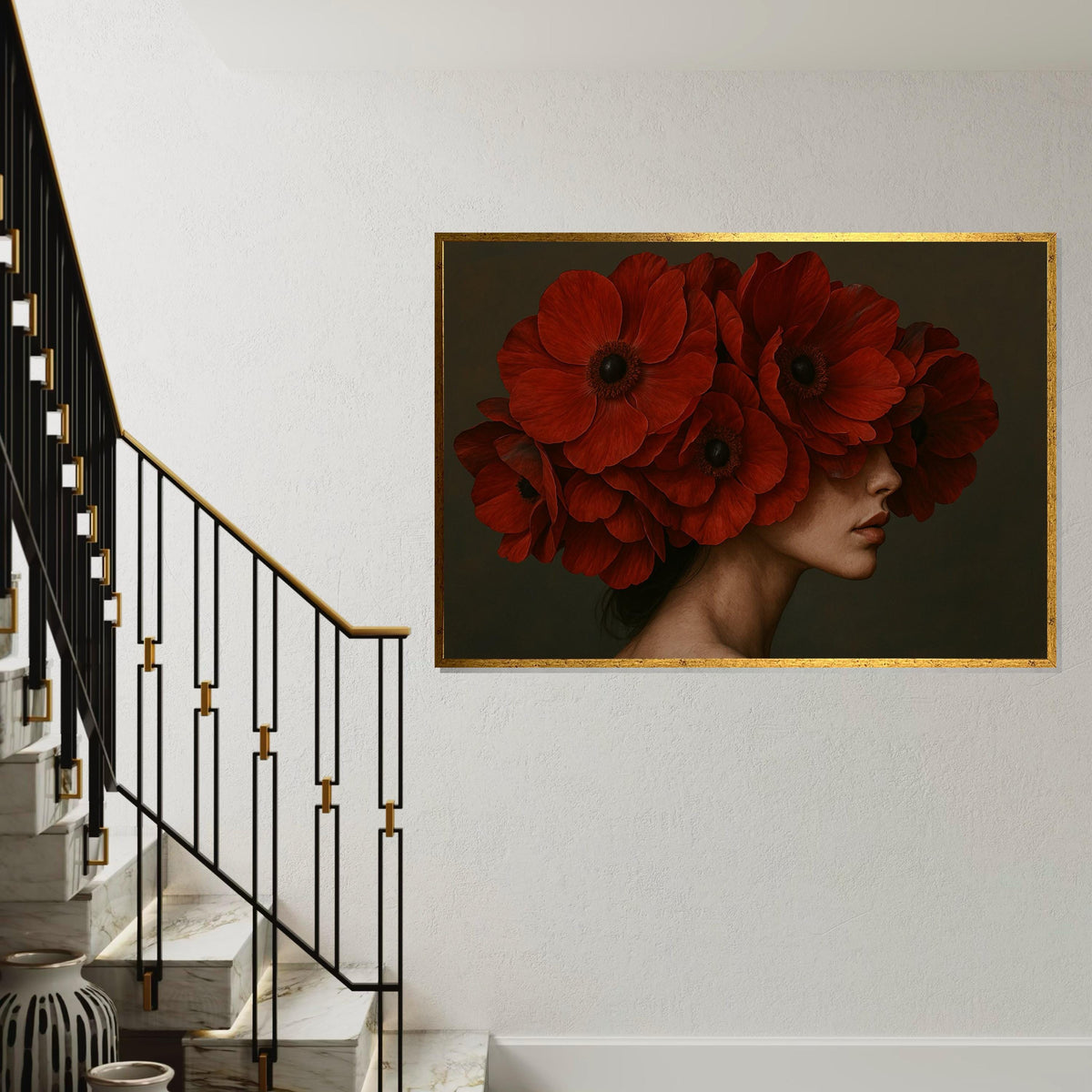 Red Poppy Bloom Portrait, Floral Canvas Art, Red Flower Headdress, Wall Art Canvas Design, Artistic Home Decor, Ready To Hang Decoration