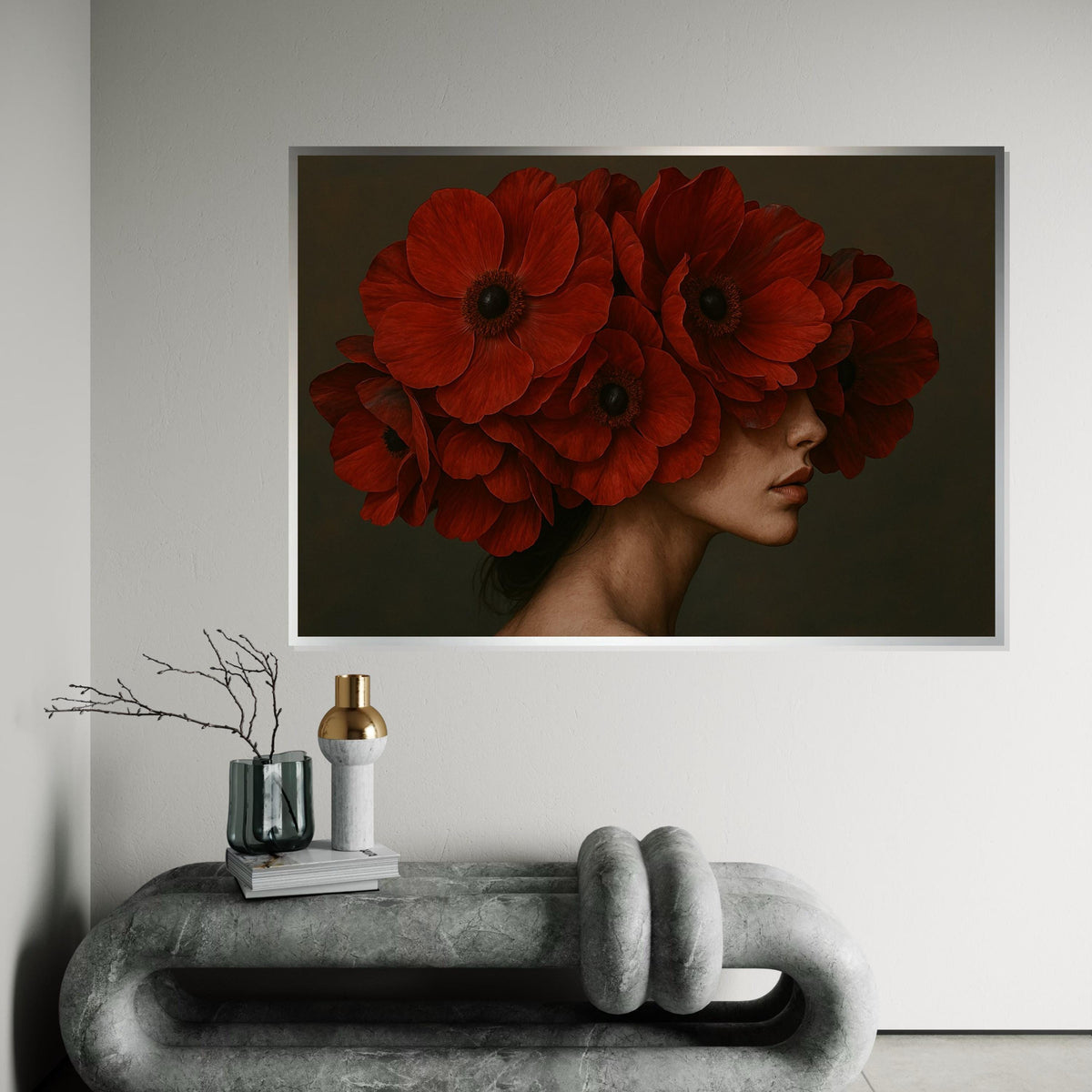Red Poppy Bloom Portrait, Floral Canvas Art, Red Flower Headdress, Wall Art Canvas Design, Artistic Home Decor, Ready To Hang Decoration