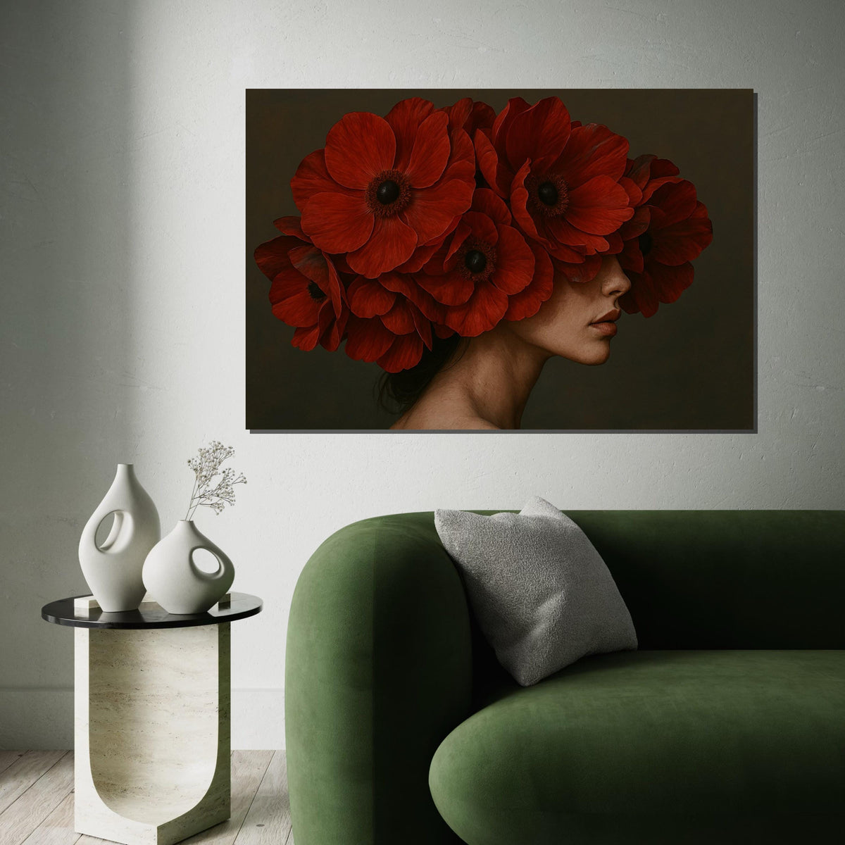 Red Poppy Bloom Portrait, Floral Canvas Art, Red Flower Headdress, Wall Art Canvas Design, Artistic Home Decor, Ready To Hang Decoration